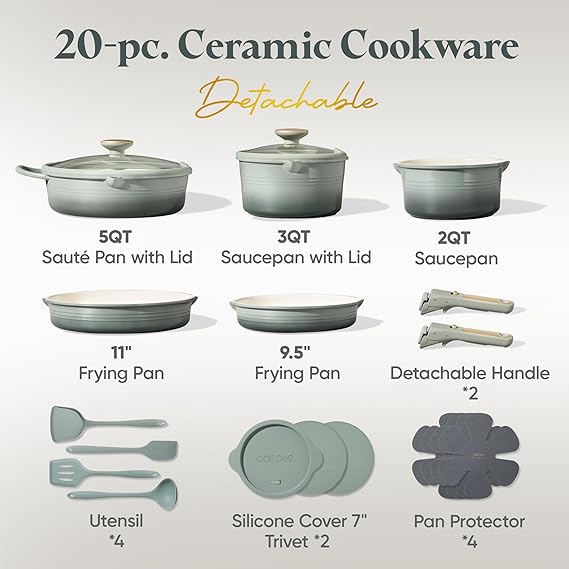 CAROTE 20Pcs Titanium Cookware Set, Pots and Pans Set Non Stick, Kitchen Cooking Set with Detachable Handle, Non Toxic Induction Cookware, Dishwasher/Oven Safe