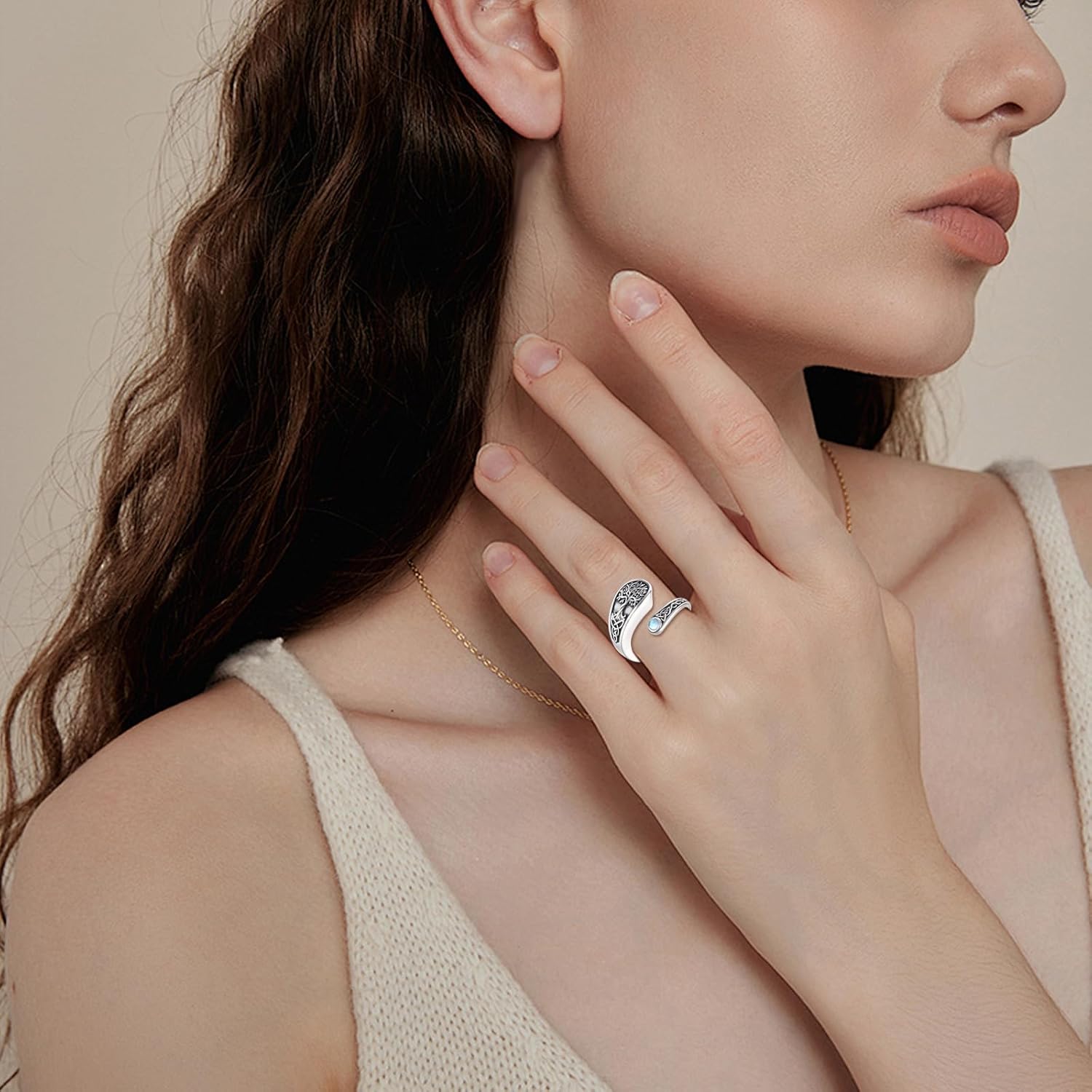 Tree of Life Urn Ring for Ashes 925 Sterling Silver Celtic Knot Moonstone Adjustable Spoon Open Ring Tree of Life Cremation Memorial Keepsake Jewelry Gift for Women