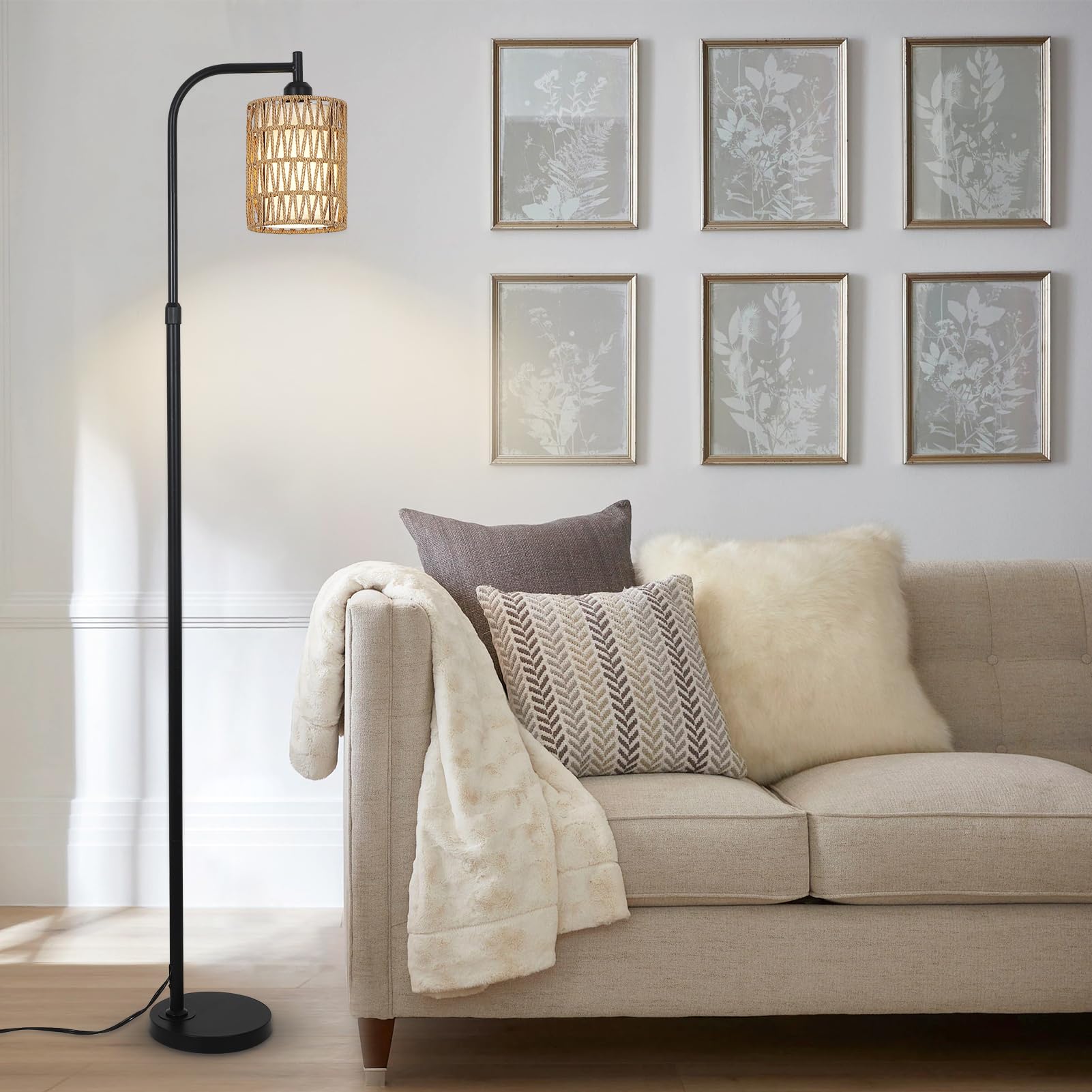 Rayofly Lámpara de Pie Ajustable Salón, Lámpara de Pie de Ratán con Mando a Distancia, App Control, Lámpara de Pie Boho con Pantalla de Ratán y Lino, Lámpara de Pie para Dormitorio, Altura Ajustable