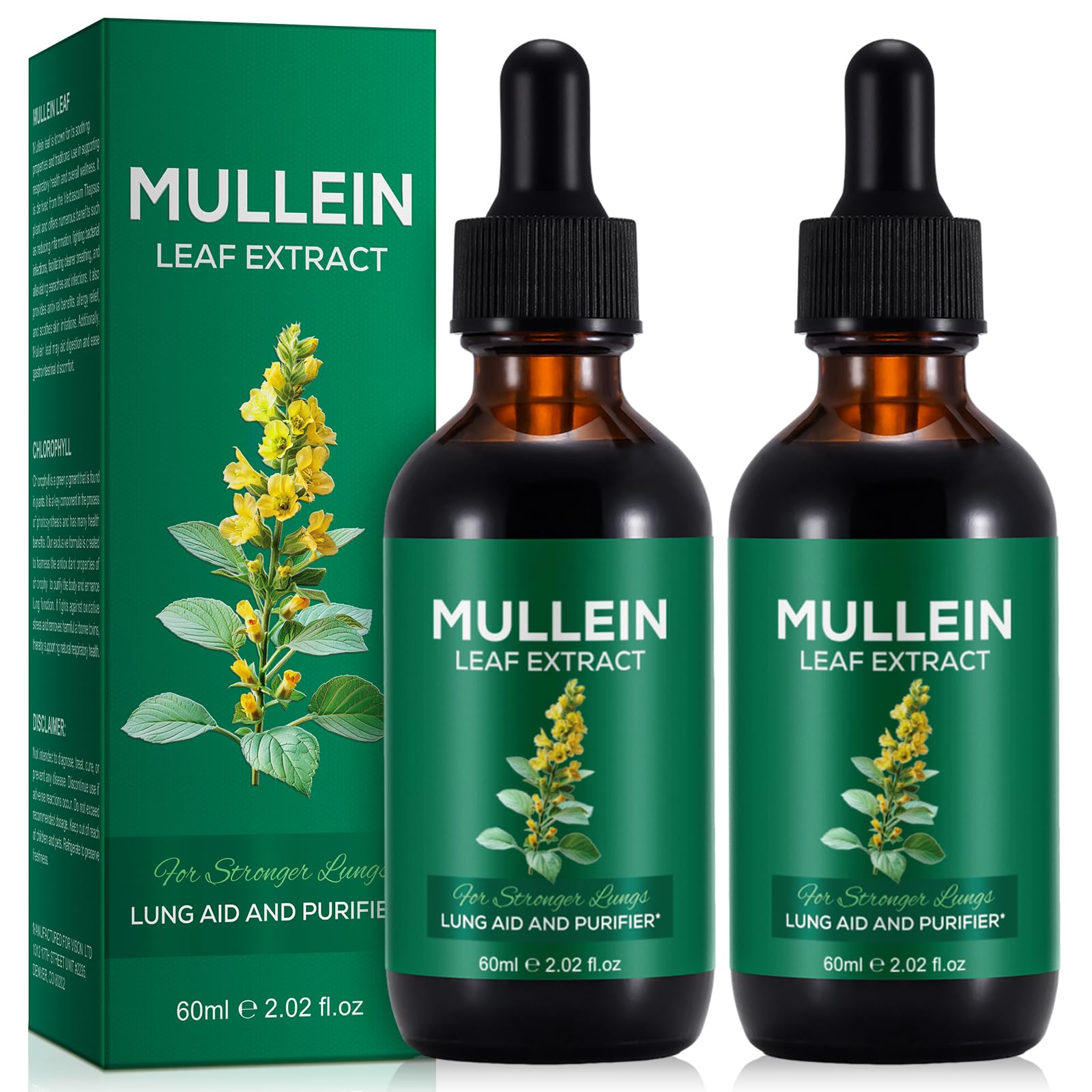 2 Pack Mullein Drops für die Lunge, natürliche Mullein Kräuterergänzungen, Mulleinblatt-Extrakt für Lungenreinigung und Atemwegsunterstützung