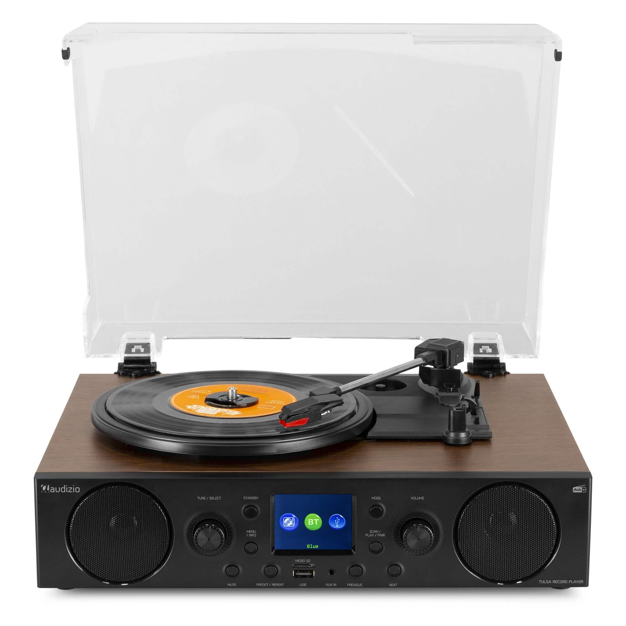 Audizio Tulsa - Sistema estéreo con Tocadiscos Bluetooth 5.0, sintonizador FM, Radio Dab, función de grabación, Tocadiscos con Altavoces, giradiscos, USB, SD, AUX, RCA, Modo Alarma, diseño de Madera