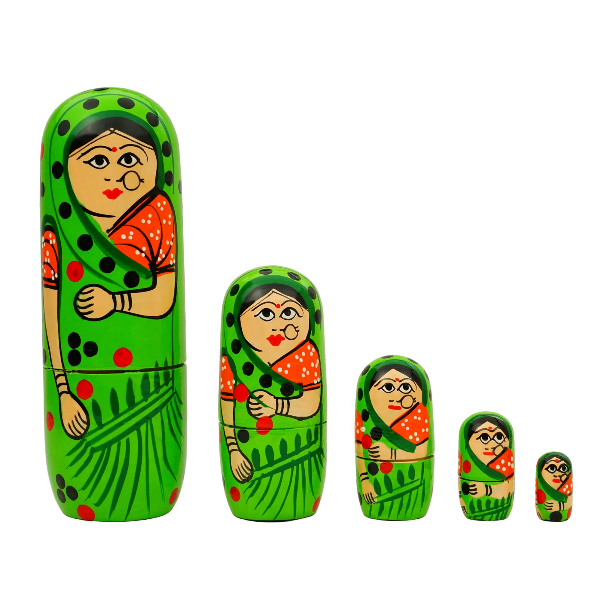 TOOLART® Set of 5Pcs Hand Painted Cute Wooden Russian Matryoshka Stacking Nested Wood Dolls – Green 4