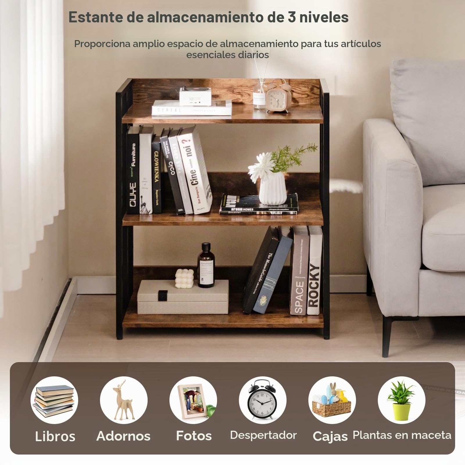 GIANTEX Librería Industrial de 3 Niveles con Solapas Pretectoras, 70 x 35 x 81 cm, Estantería de Almacenamiento de Madera con Marco de Metal, Estantería para Salón, Dormitorio, Cocina (Marrón)
