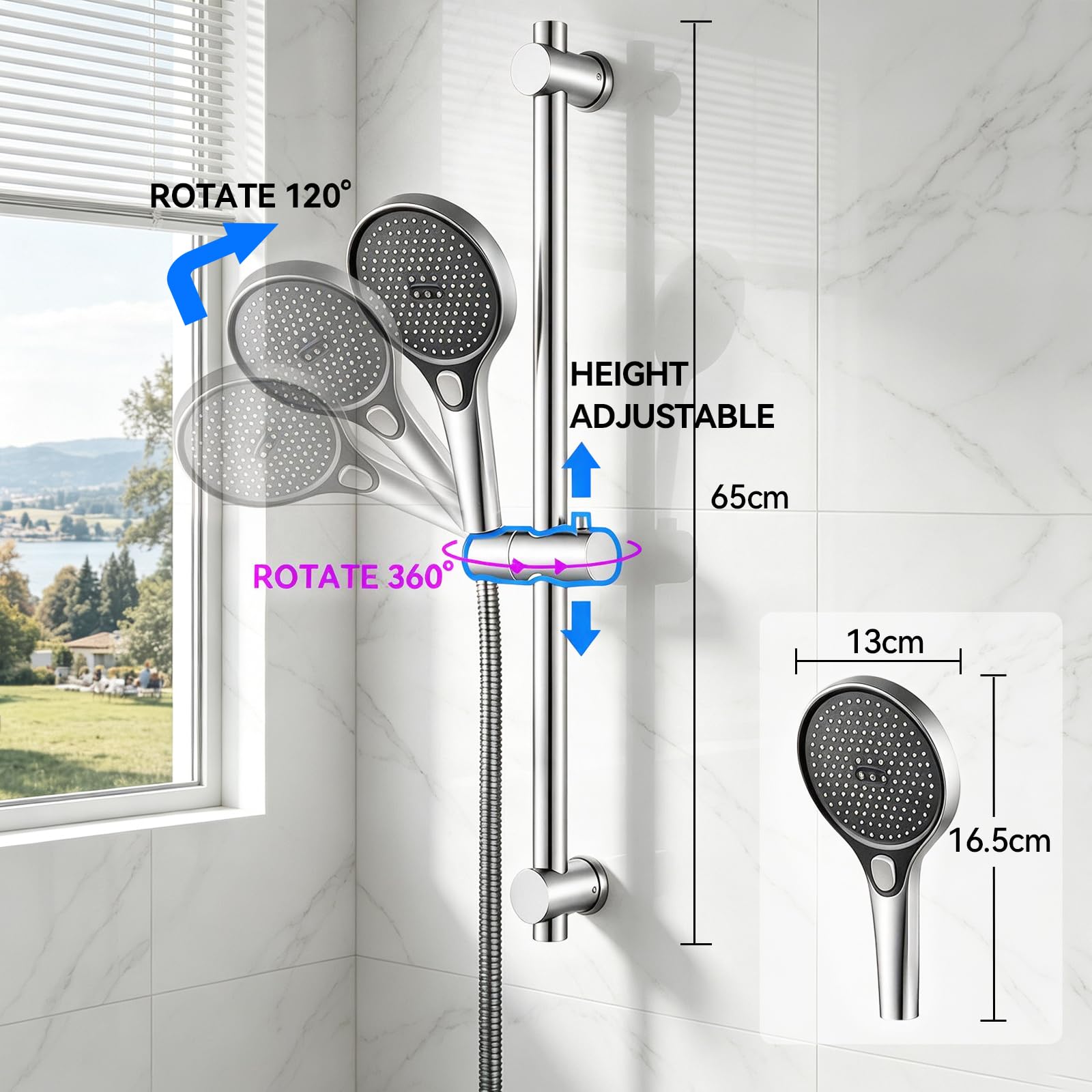 Kit saliscendi per doccia, barra scorrevole regolabile da 65 cm con soffione doccia portatile da 13 cm, 3 modalità di spruzzo, tubo da 1,5 m e staffa girevole a 360°, set di aste doccia in