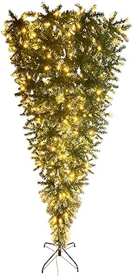 GUMINGHOME 7.4ft Upside Down Green Christmas Tree, with LED Warm White Lights, Green Leaves with Part Spraying White, Reinforced Metal Base&Easy Assembly, for Home, Office, Store