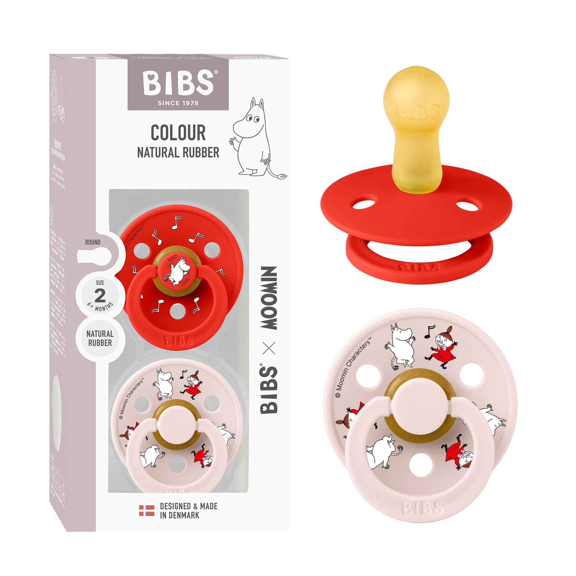 BIBS Colour Moomins Schnuller 2er-Pack, BPA-frei, Kirschform Nippel. Naturkautschuk/Latex, Hergestellt in Dänemark, Größe 2 (6-18 Monate), Candy Apple/Petal