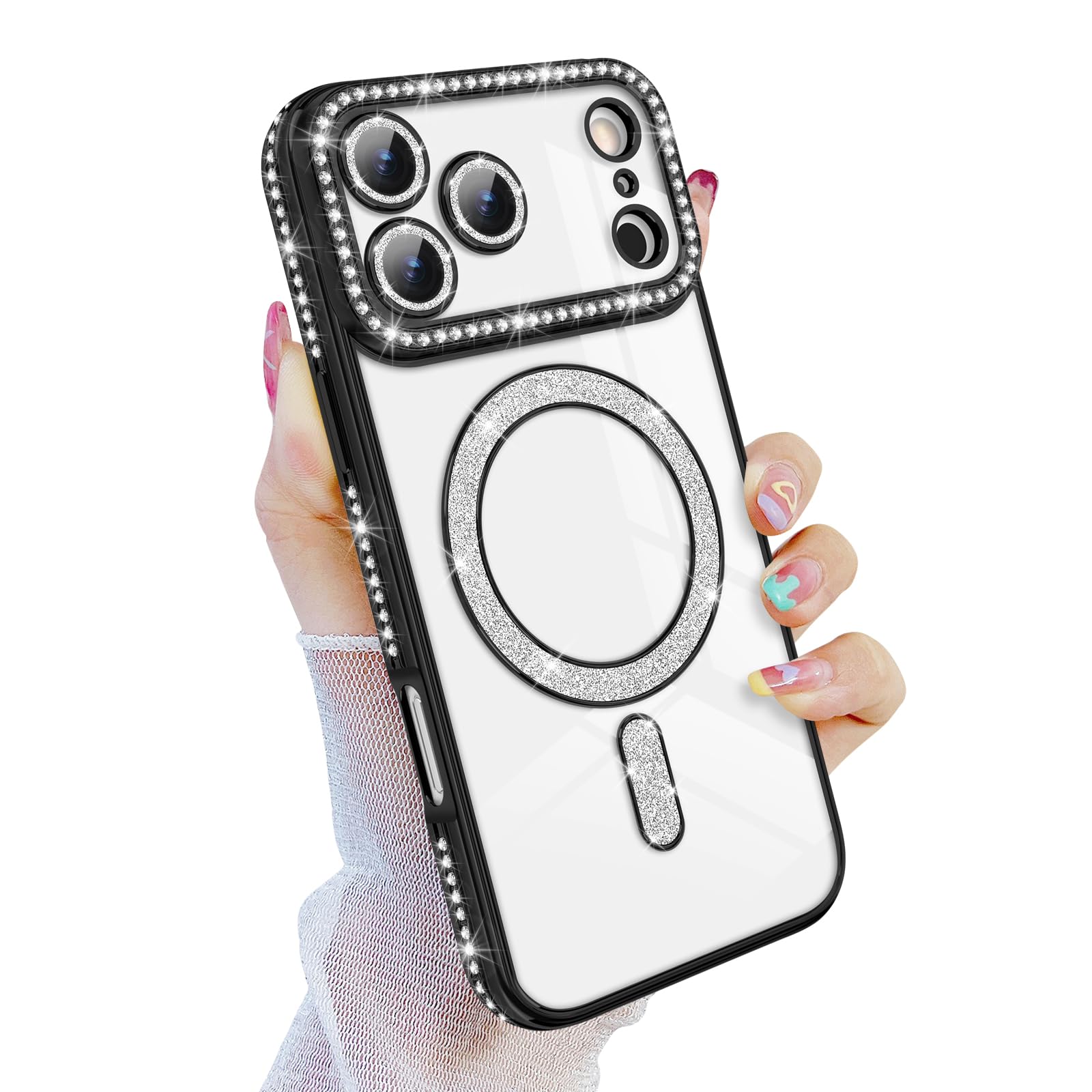 Newseego IPhone 17 Pro Max Magnetic Case Clear [MagSafe Compatible] Glitter Design For Girls Women Diamond Soft Slim TPU Shockproof Case For IPhone 17 Pro Max - Black - View #11