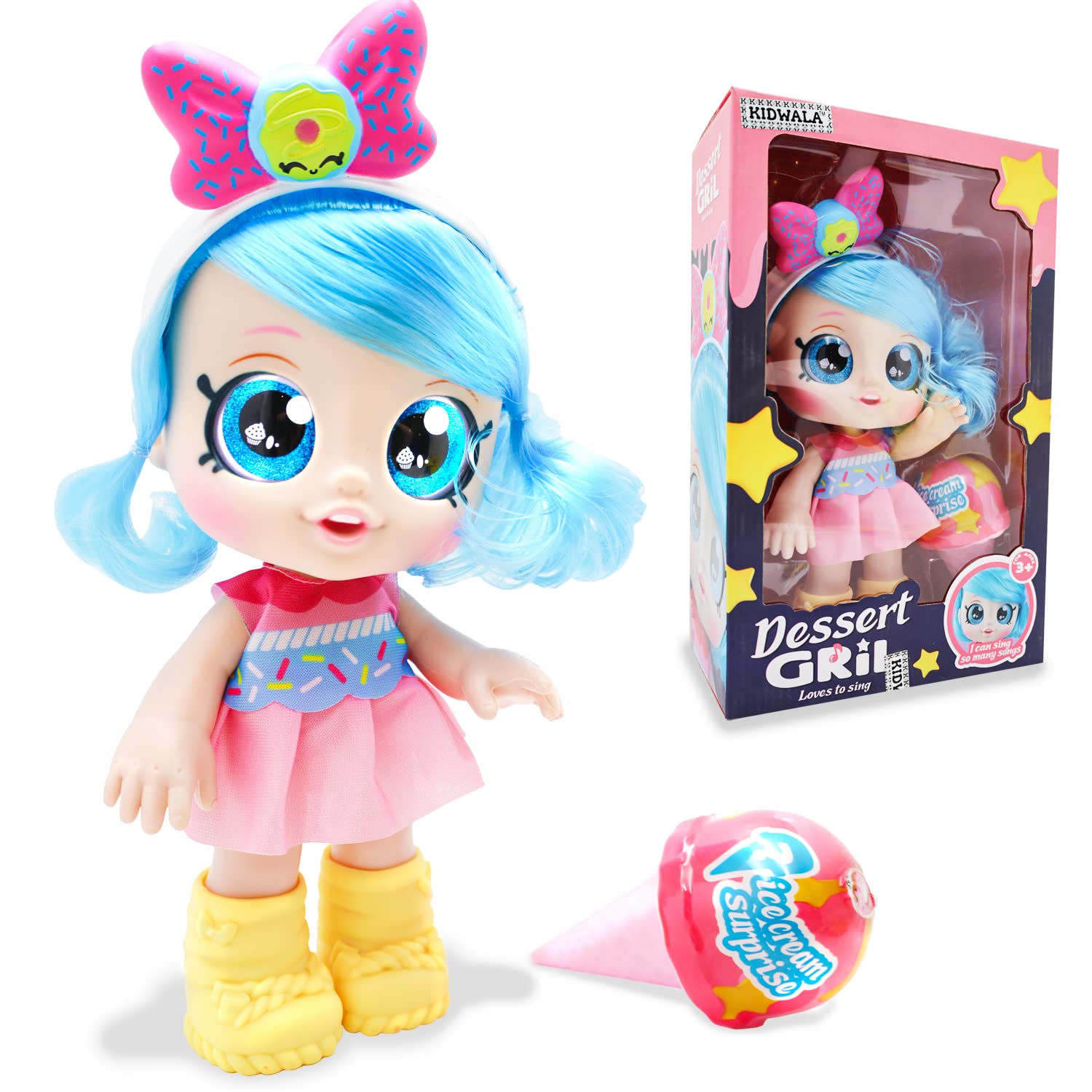 Sponsored Ad – FITTO pretty stylish modern doll with yellow boots, large blue eyes, Dolls blue hair with battery, singing doll toy ice cream blind box surprise 12-inch toy for girls