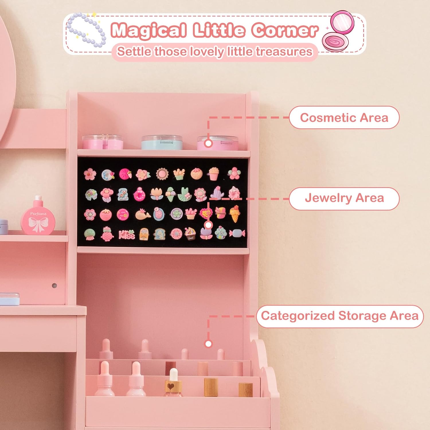 INFANS Kids Vanity with Lights, Princess Makeup Desk with Mirror Storage Shelves, Toddler Table and Chair Set Pretend Play for Girls Aged 4-9