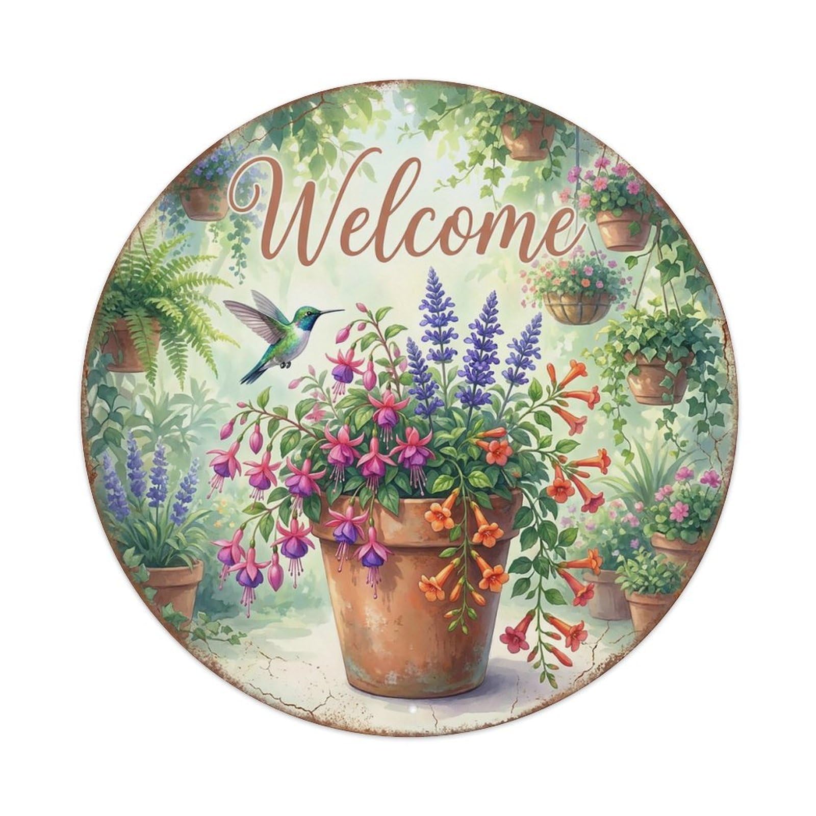 Welcome Hummingbird Fuchsia Garden Vintage Metal Tin Sign Plaque Wall Decor for Cafe, Club Bar, Office, Garden Metal Poster 8x8Inch