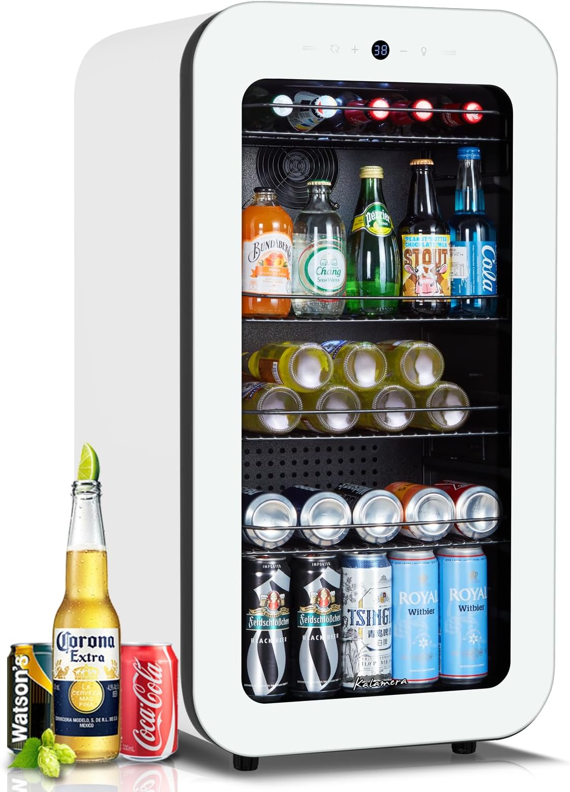 Kalamera White Beverage Cooler Refrigerator Freestanding 74 Cans Capacity Mini Fridge for Soda, Beer - for Home Kitchen or Bar with LED Interior Light