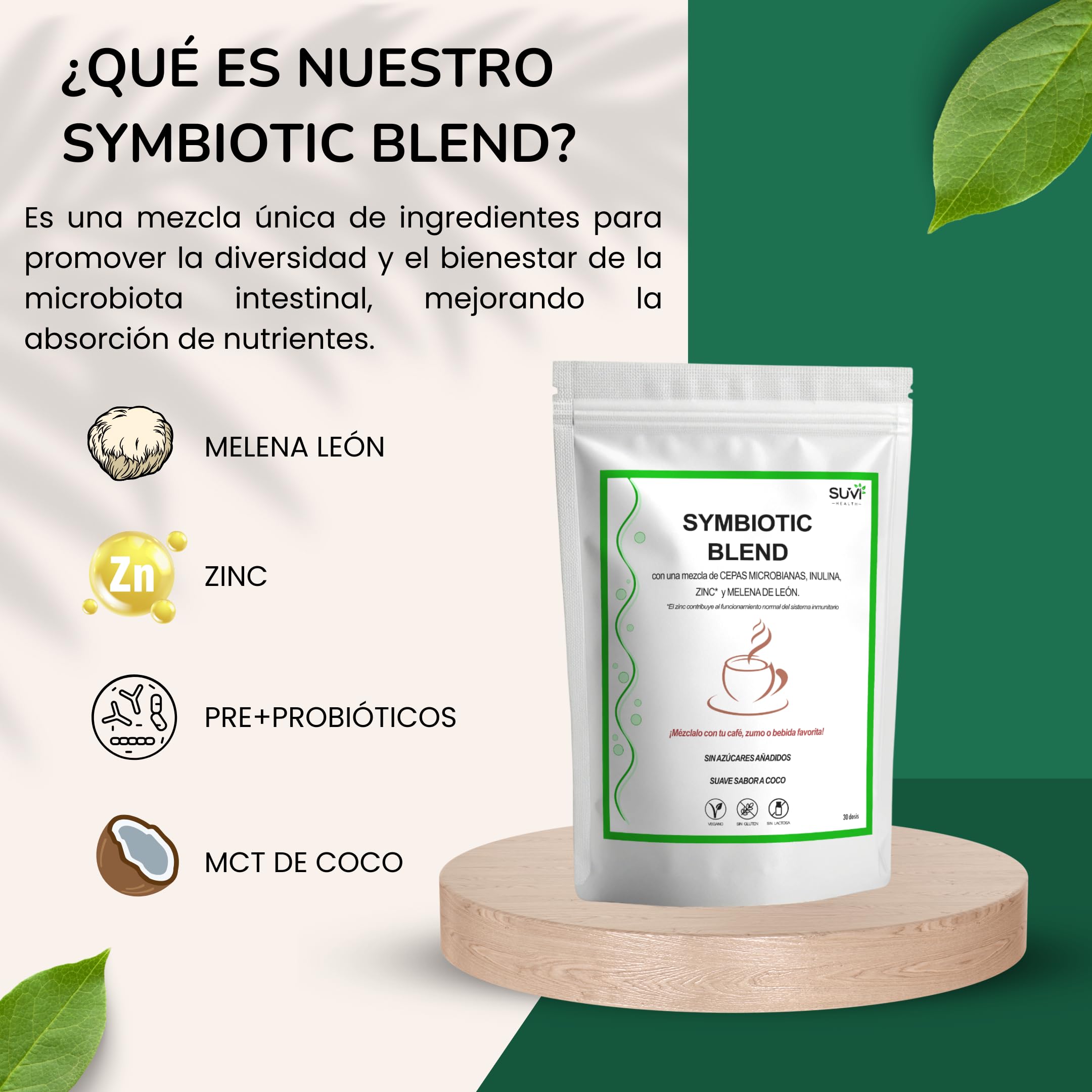 Symbiotic Blend Creamer - Natural Microbiotic con Probióticos y Prebióticos Intestinales, Melena de León y Zinc - Reduce Gases e Hinchazon Adultos - 30 dosis (1 Mes) - Hecho en España - 100% Vegano
