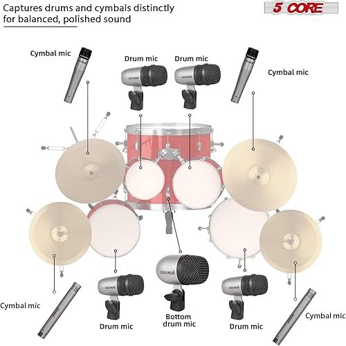 Miniatura 67 de 5 CORE Kit de micrófono de batería de 7 piezas All Metal Drummer Mics Tom/Snare & Cymbals Professional Wired Instrument Drums Set Microfonos Incluye