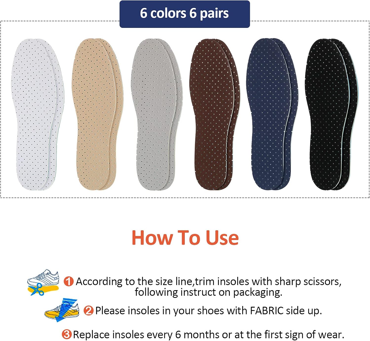 6 Pairs Shoe Insoles Women Thin Breathable Shoe Pads Inserts Ultra Soft Cushioning Walking Double Layer Latex Insoles with Holes Fit in Any Unisex, Men 7-11 Woman 2-8(Simple Colors) - Image 2