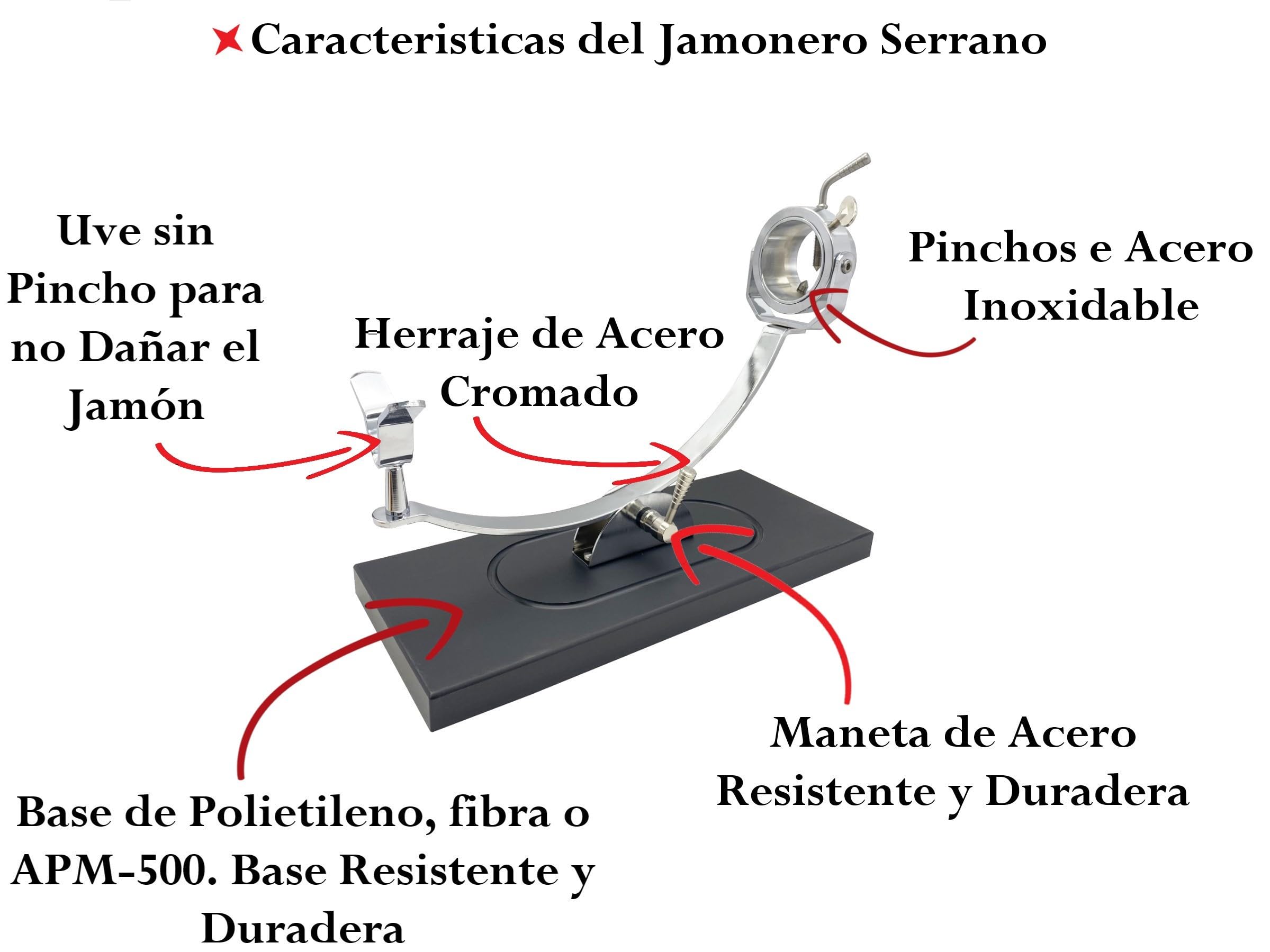 FERRETERIA LEPANTO Jamonero Profesional Giratorio y basculante, Soporte jamonero con Base de Fibra Negra Modelo Serrano (Set Arcos Burdeos)