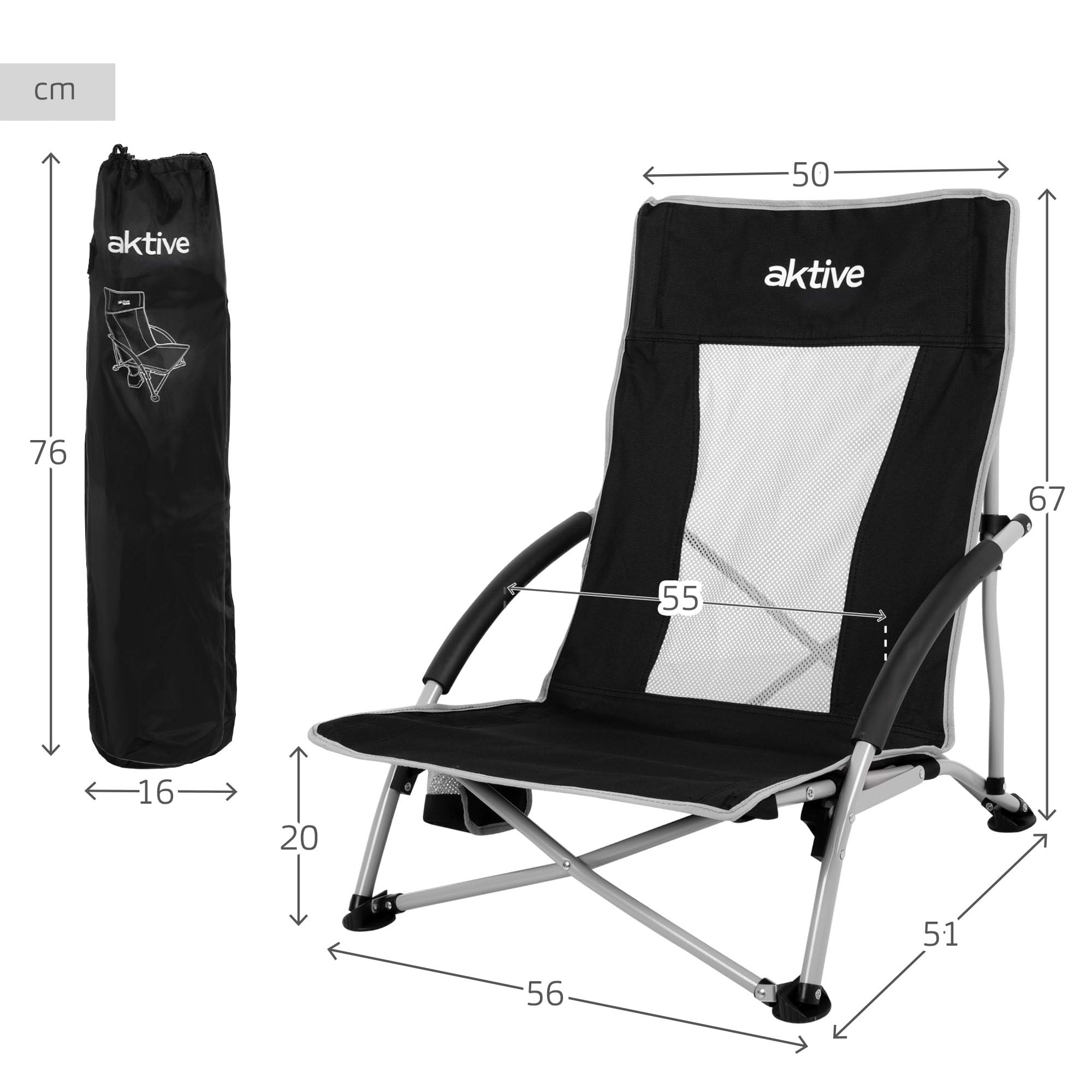 AKTIVE 4er-Pack Camping-Klappstühle, 50 x 51 x 67 cm, Stahlgestell, atmungsaktives Gewebe, gepolsterte Armlehnen, seitliche Untersetzer, max. 110 kg, Camping, inklusive Tragetasche (62370)