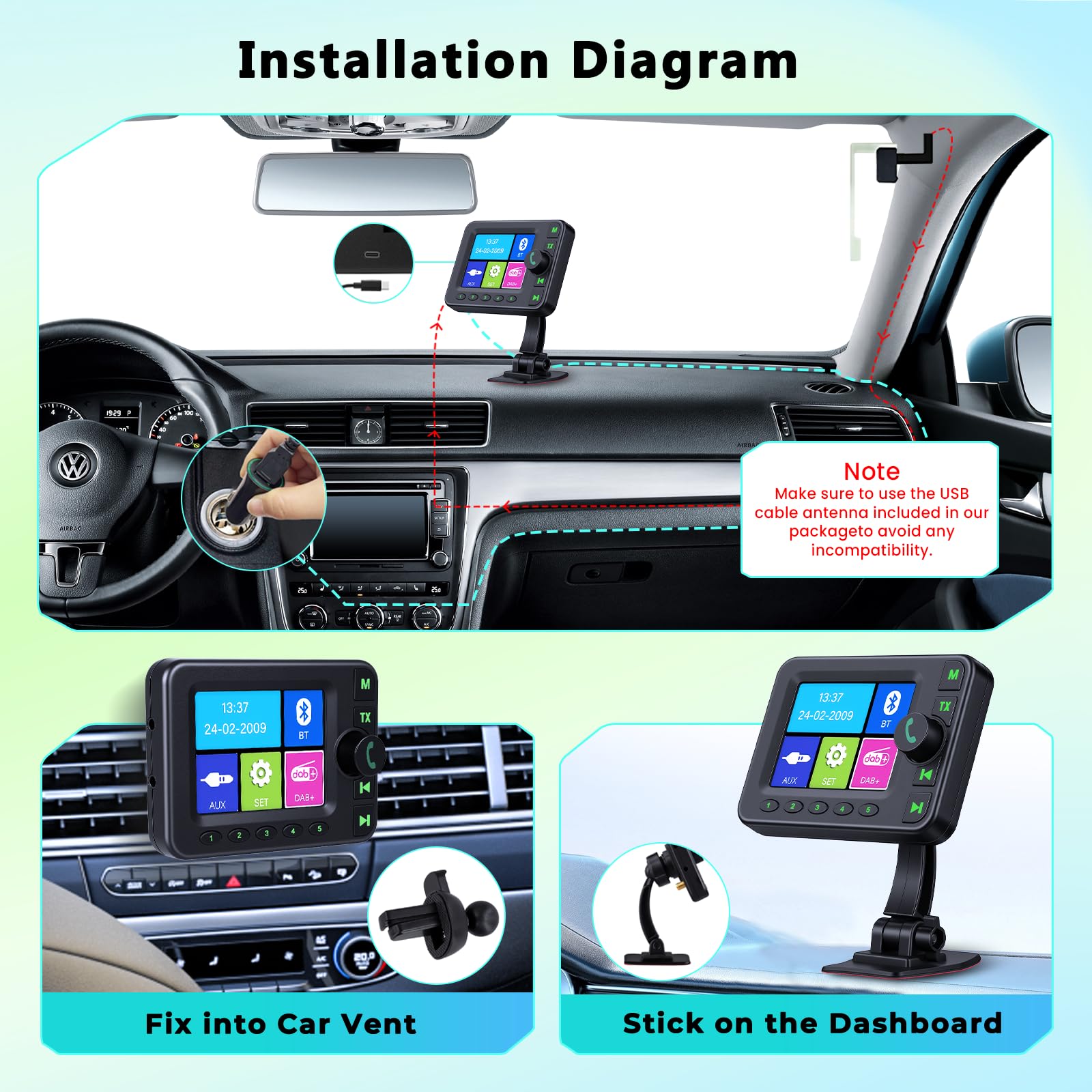 Roinvou Adattatore DAB/DAB+ Portatile per Auto Radio DAB con Display LCD 2,4 Pollici, Vivavoce Bluetooth, Trasmettitore FM, Ingresso AUX, Slot TF