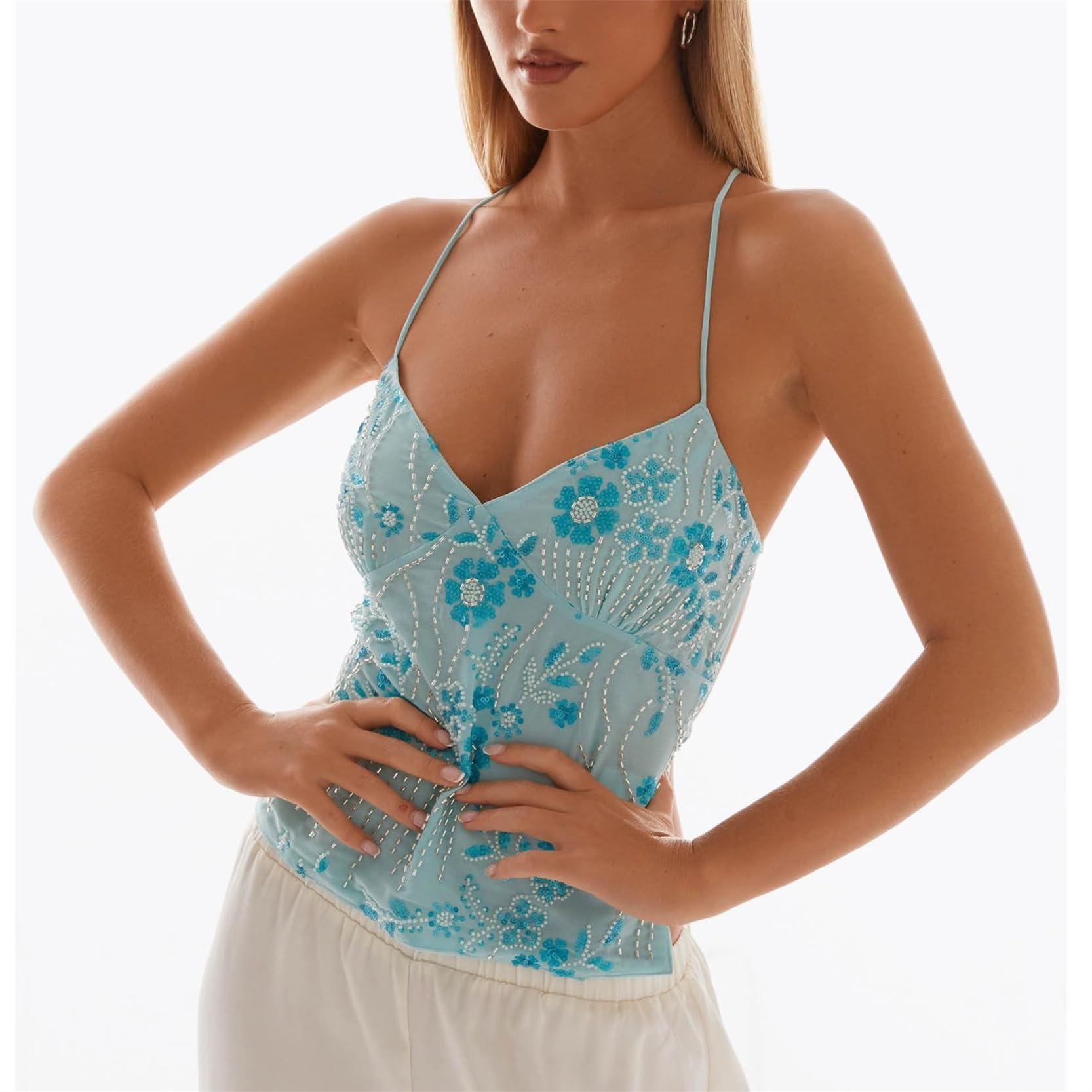 LYGBAOFUL Top Halter con Cuentas de Lentejuelas, Camisola de Fiesta sin Mangas Brillante Y2K con Cuello Vuelto de Corte bajo, Tops Adornados con Diamantes de imitación con Purpurina sin Espalda