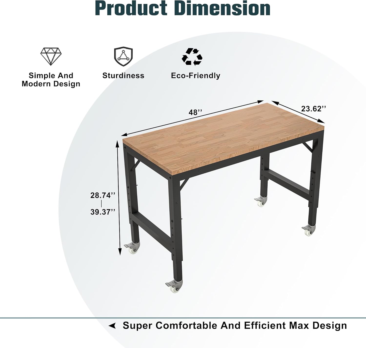 48 Inch Heavy Duty Adjustable Workbench for Garage, Shop Table with Metal Wheels, Work Benches On Wheels, Mobile Workbench, Rolling Tool Bench Workshop Table Professional Mechanic Workbenchs