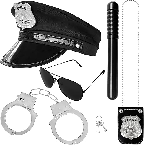 Miniatura 8 de Juego de 6 juguetes de policía, accesorios de detectives para niños, disfraces de oficial de policía con gafas de sol, insignias, esposas, bastón de