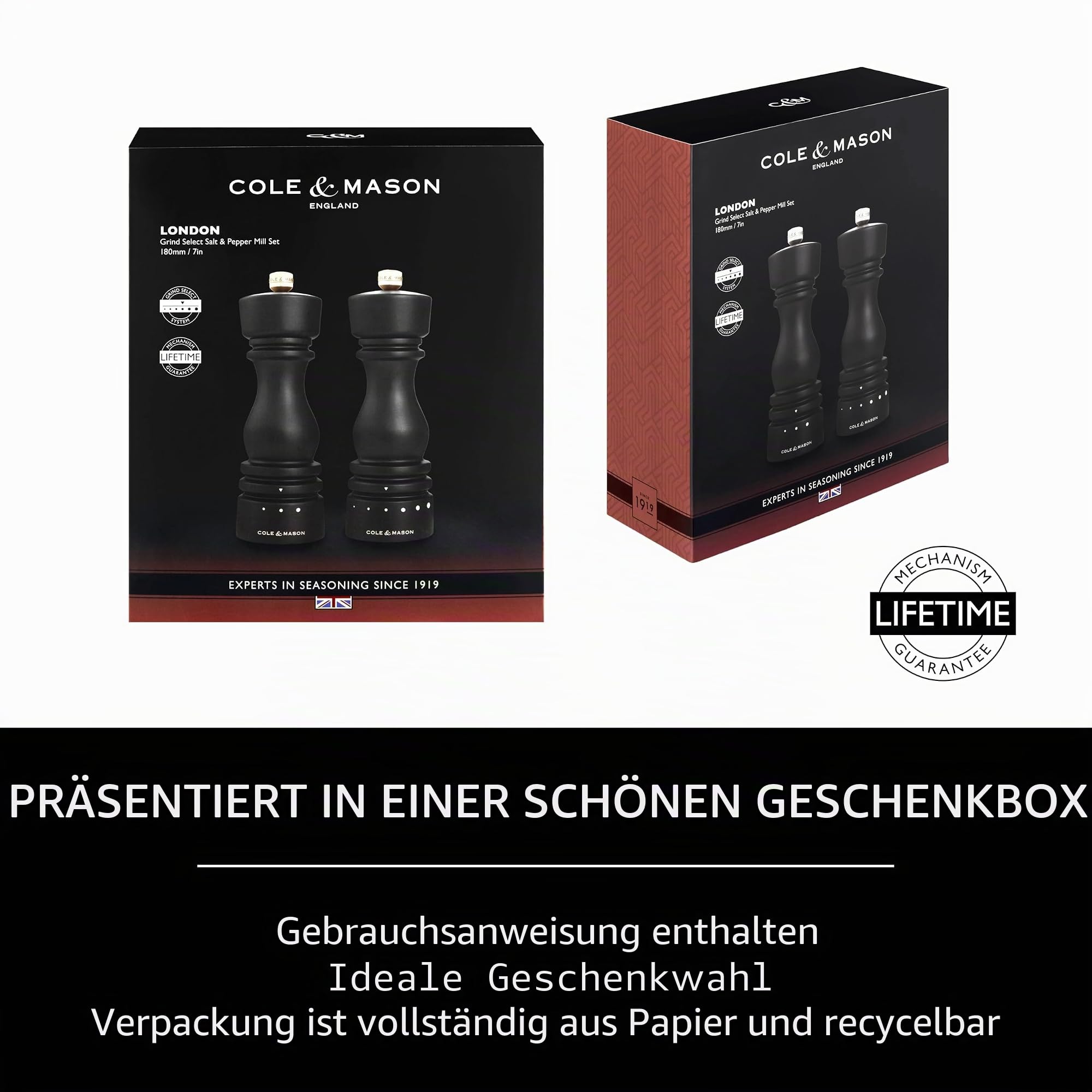 Cole & Mason London Salz und Pfeffermühlen Geschenkset Holz 18 cm, Keramikmahlwerk, Einstellbarem Mahlgrad, Precision+ Carbon-Mechanismus, Manuelle Gewürzmühle, Schokolade Buchenholz