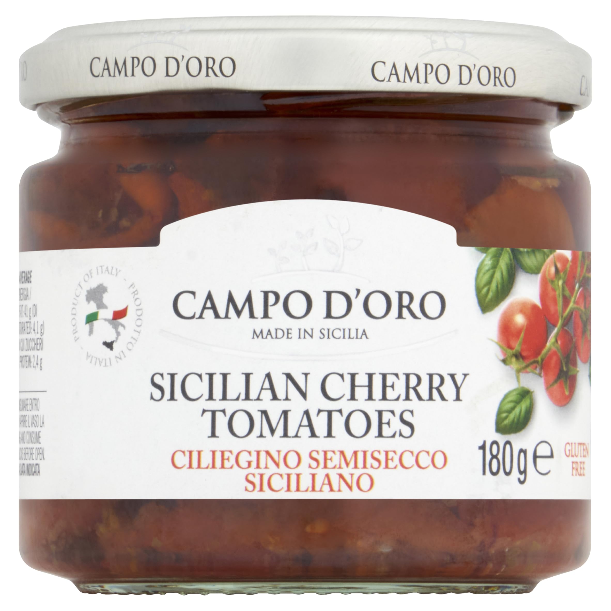 CAMPO D'ORO | TOMATES CERISES DE SICILE AU BASILIC FRAIS 180GR. Especialidades sicilianas para recetas, salsa preparada, tomates secos con albahaca fresca. 100% Made in Italy