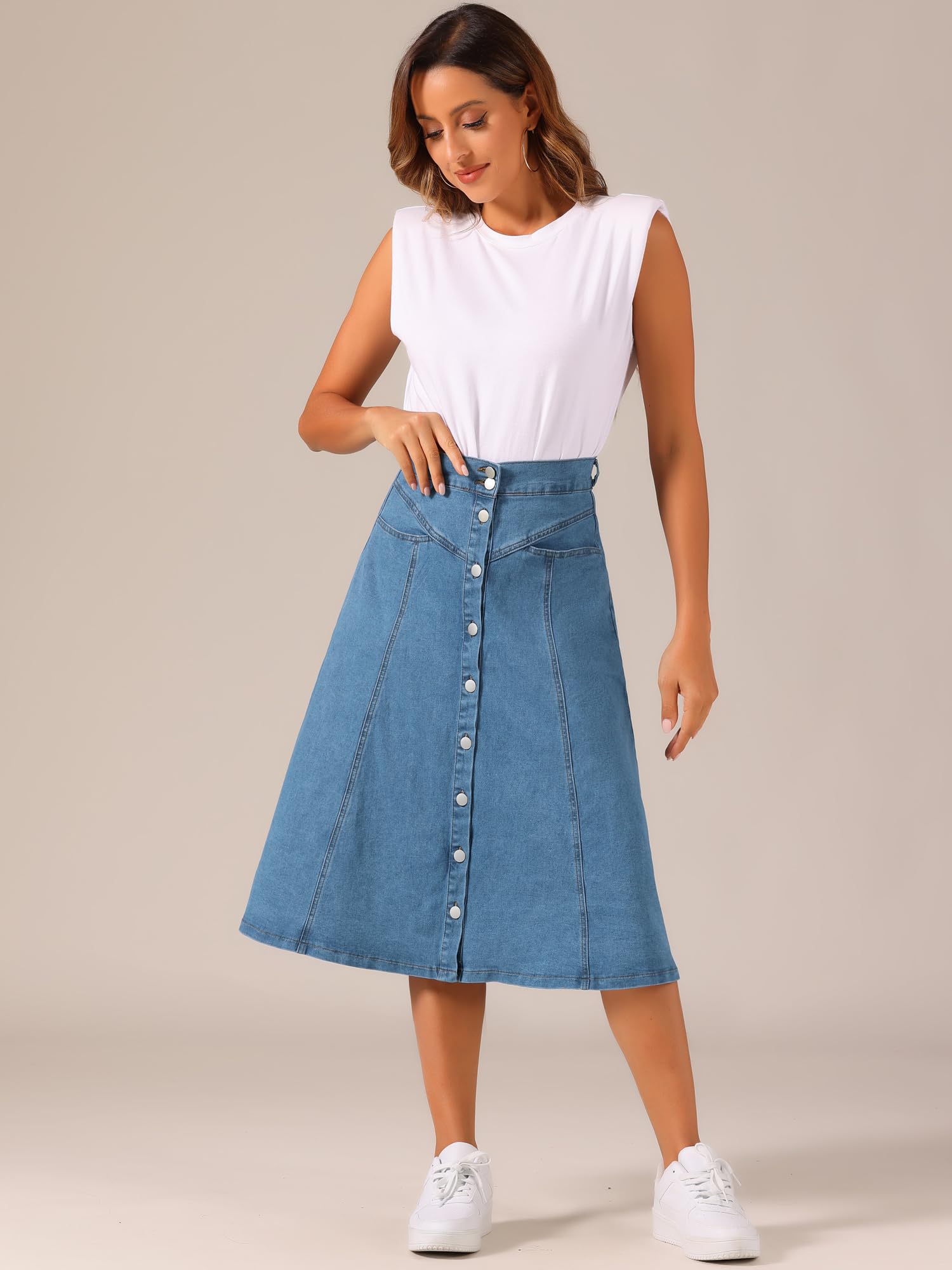 Allegra K Damen Denim Rock Dehnbar Hoher Taille Knopfleist Lang Jeansrock A-Linie Tasche Midirock