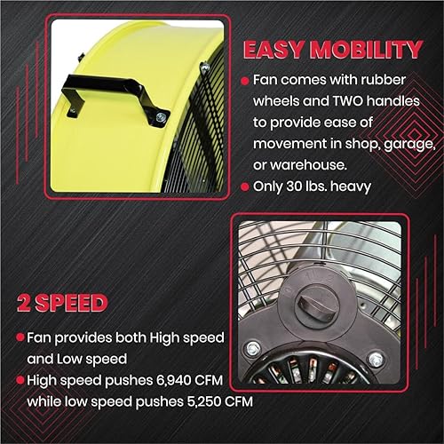 Miniatura 5 de K Tool International 77740 Ventilador de tambor de accionamiento directo de 24 pulgadas con ruedas, alta velocidad, 2 velocidades, protección de
