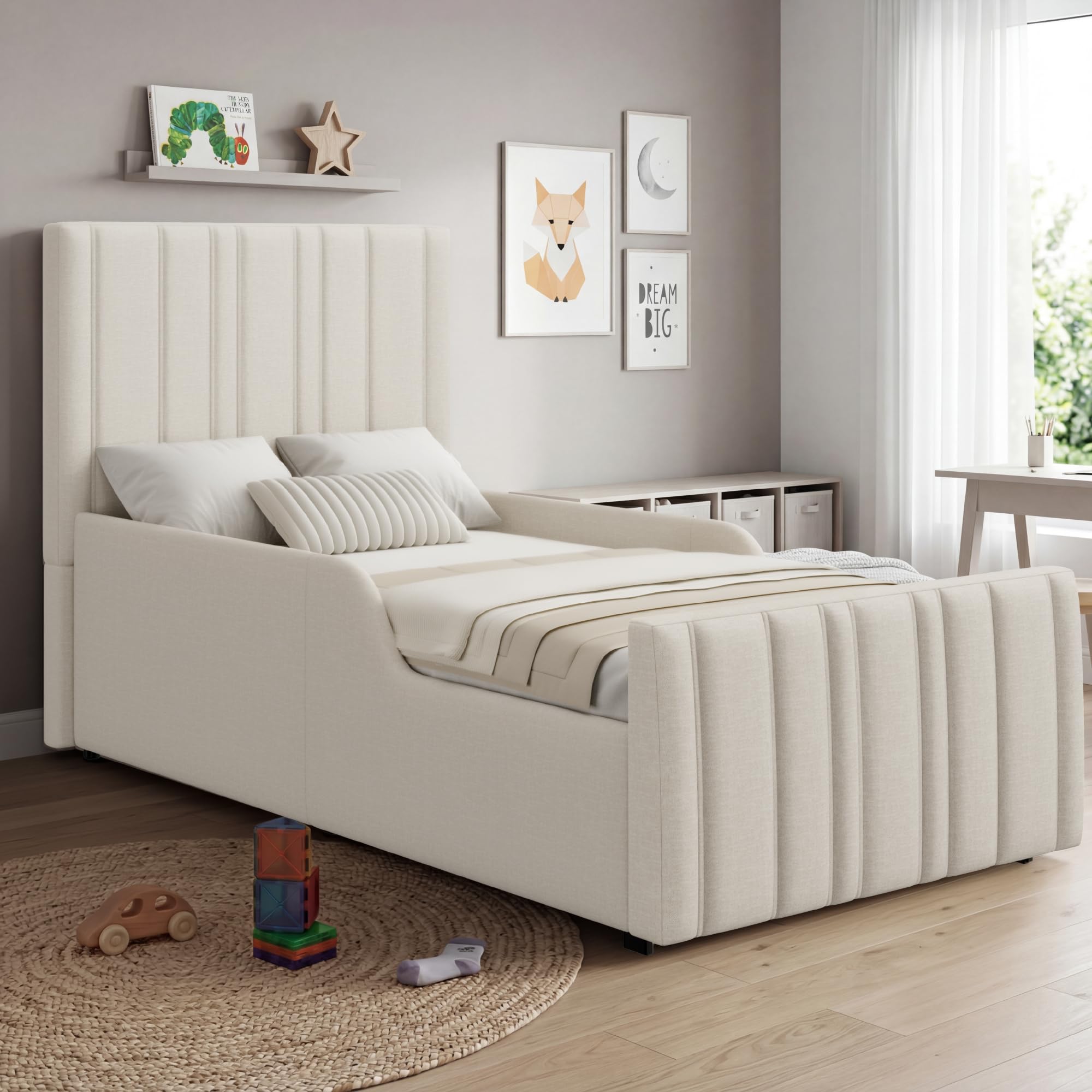 Merax Kinder Bett Polsterbett 90x200 cm Kinderbett mit hydraulischem Stauraum, Jugendbett Stauraumbett Einzelbett aus Leinenstoff mit gepolstertem Kopfteil & Armlehnen & Lattenrost, Beige