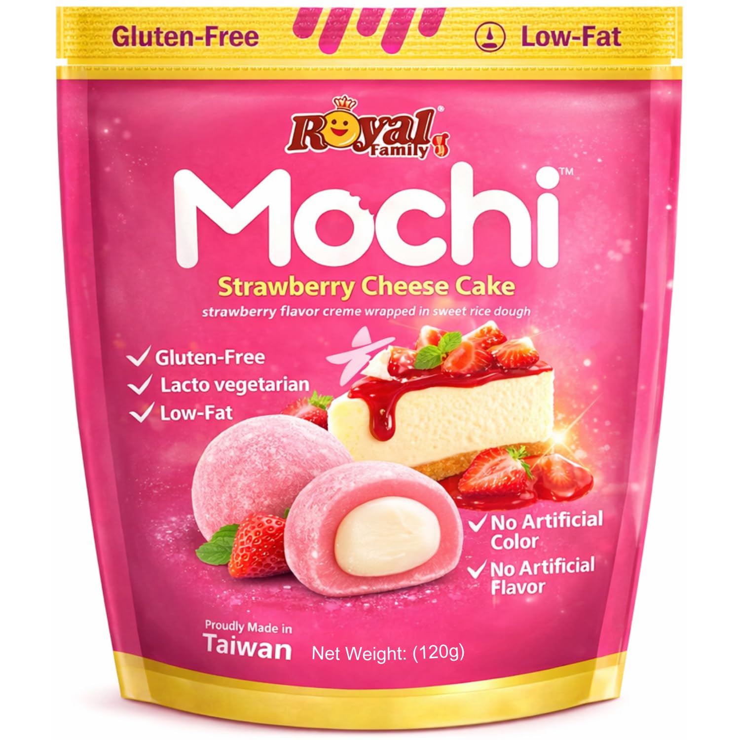 Royal Family Mochi Strawberry Cheesecake 120g Bag By COUGAR | Soft Chewy Mochi Filled with Creamy Strawberry Cheesecake Center | Gluten-Free | Low-Fat | Lacto-Vegetarian | No Artificial Colors or Flavors | Made in Taiwan – (Imported-Taiwan)-image-5