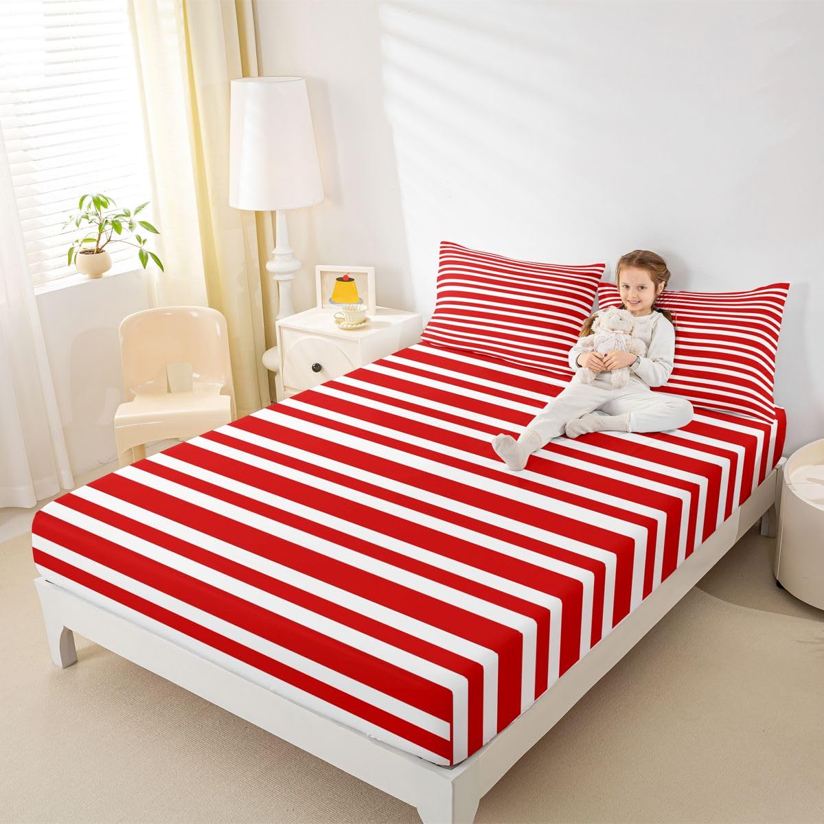 Homemissing Rouge Weiß Gestreift Carreau Drap Housse 180x200cm
