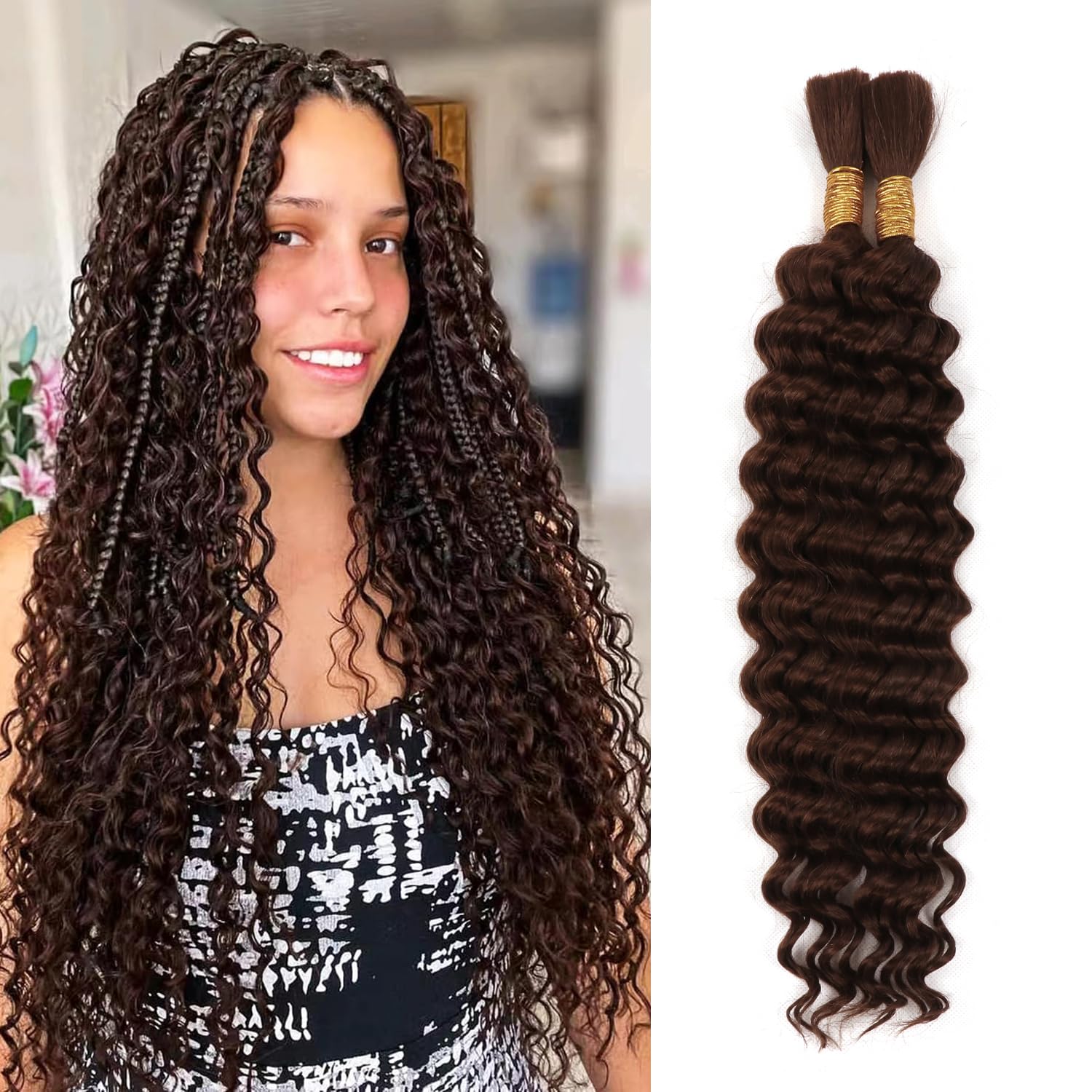 Human Hair Braiding Hair for Knotless Braids 14 Inch Boho Braids Human Hair Extensions 100g Wet And Wavy Curly Deep Wave Bulk Human Hair for Women (4#