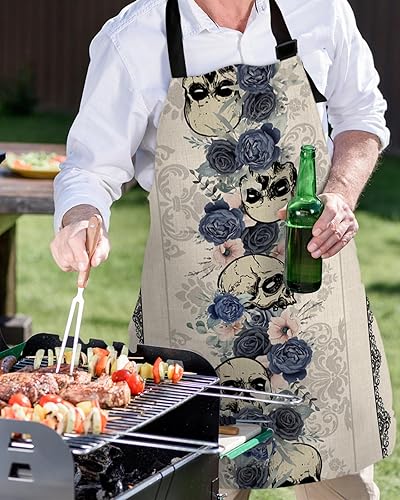 Miniatura 5 de Halloween Bib Aprons with Pockets Waterproof, Adjustable Apron for Men Women Horror Skull Blue Flowers Botanical Black Geometric