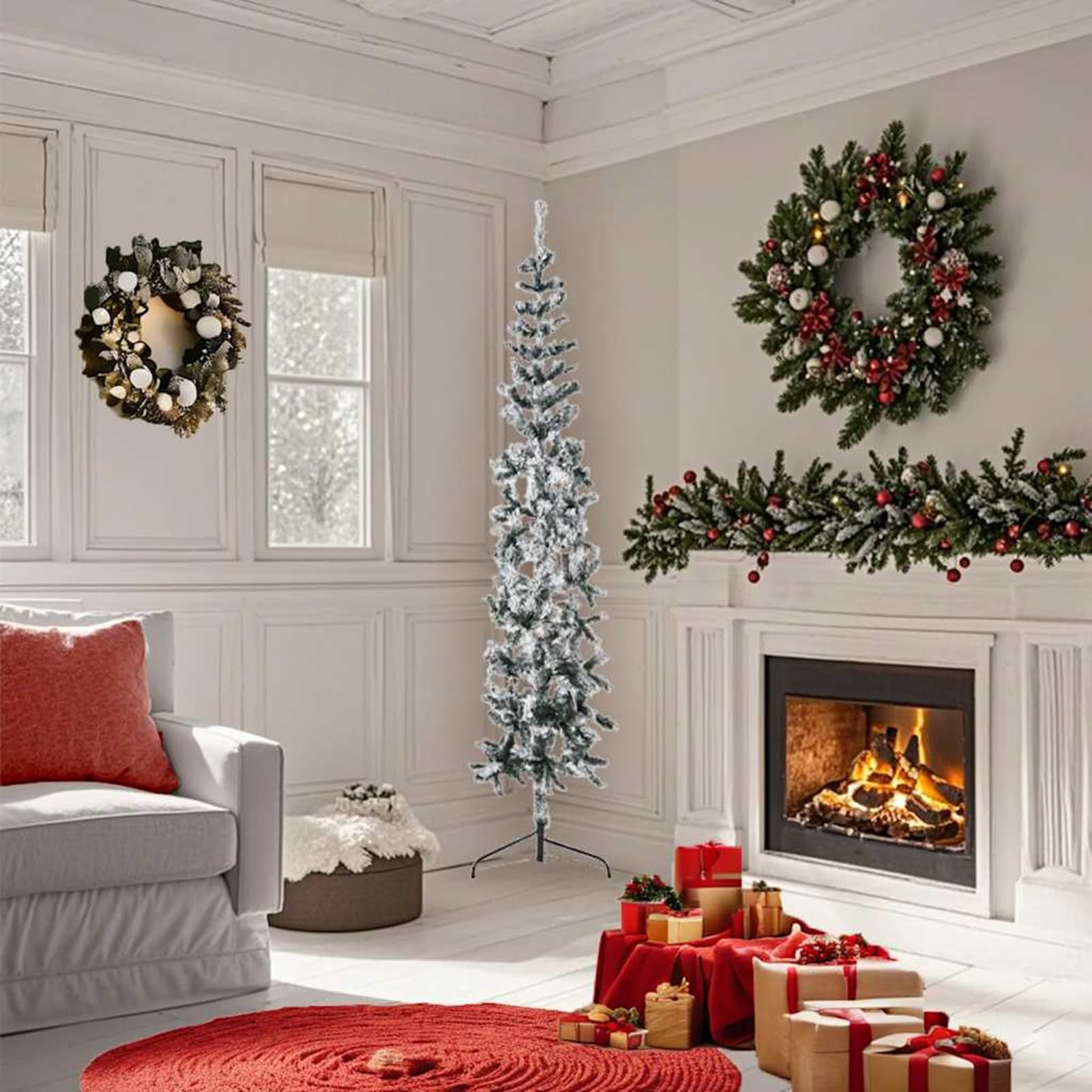 Albero Natale Artificiale Sottile, con Neve Fioccata, 180 cm, Design Realistico in PVC per Decorazione Natalizia Interna