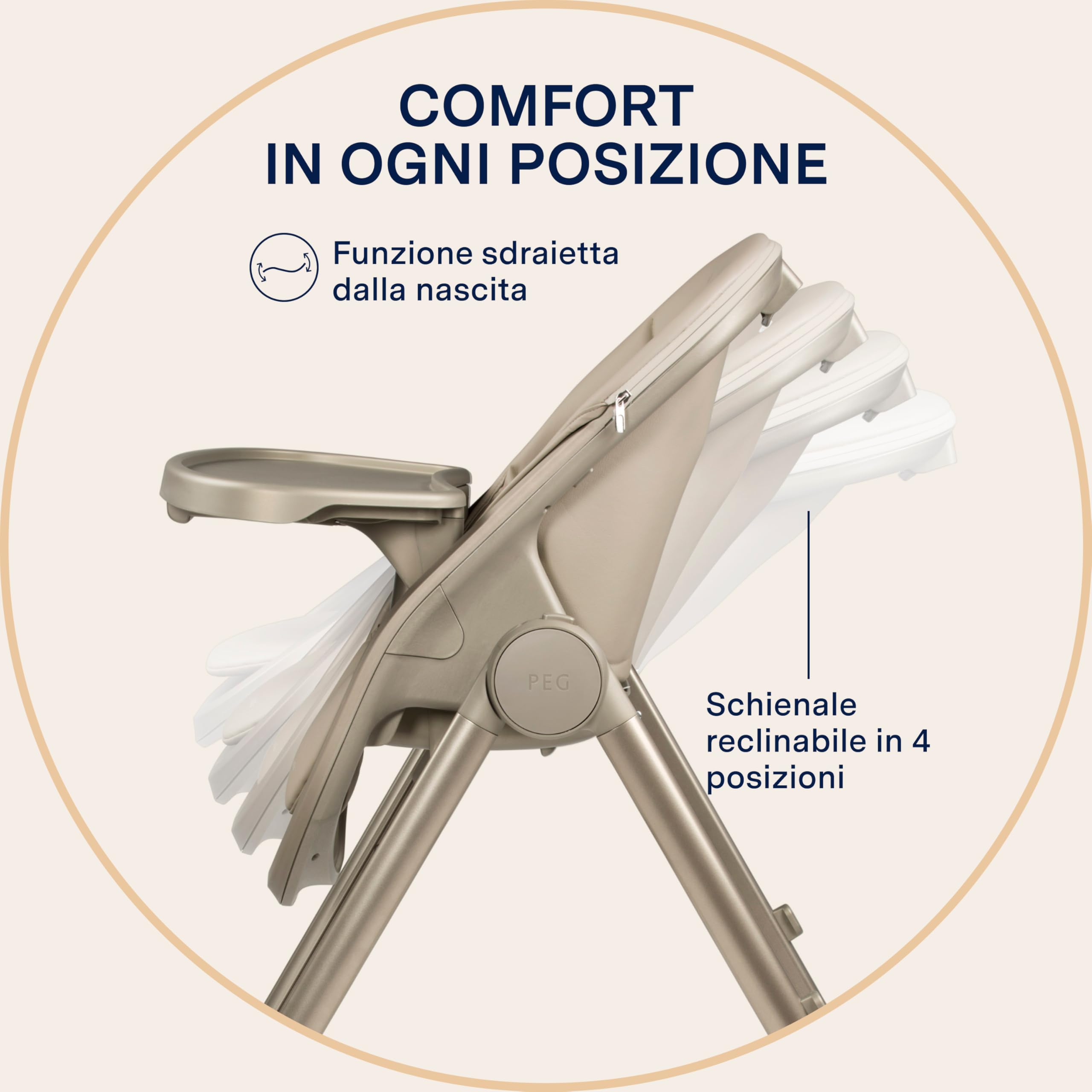 PEG Living Seggiolone Pappa dalla Nascita, Design Contemporaneo, Funzione Sdraietta, Altezza Regolabile, Doppio Vassoio, 4 Ruote 360°, Chiusura Compatta, 0–3 Anni (0–15 kg), Space Sand