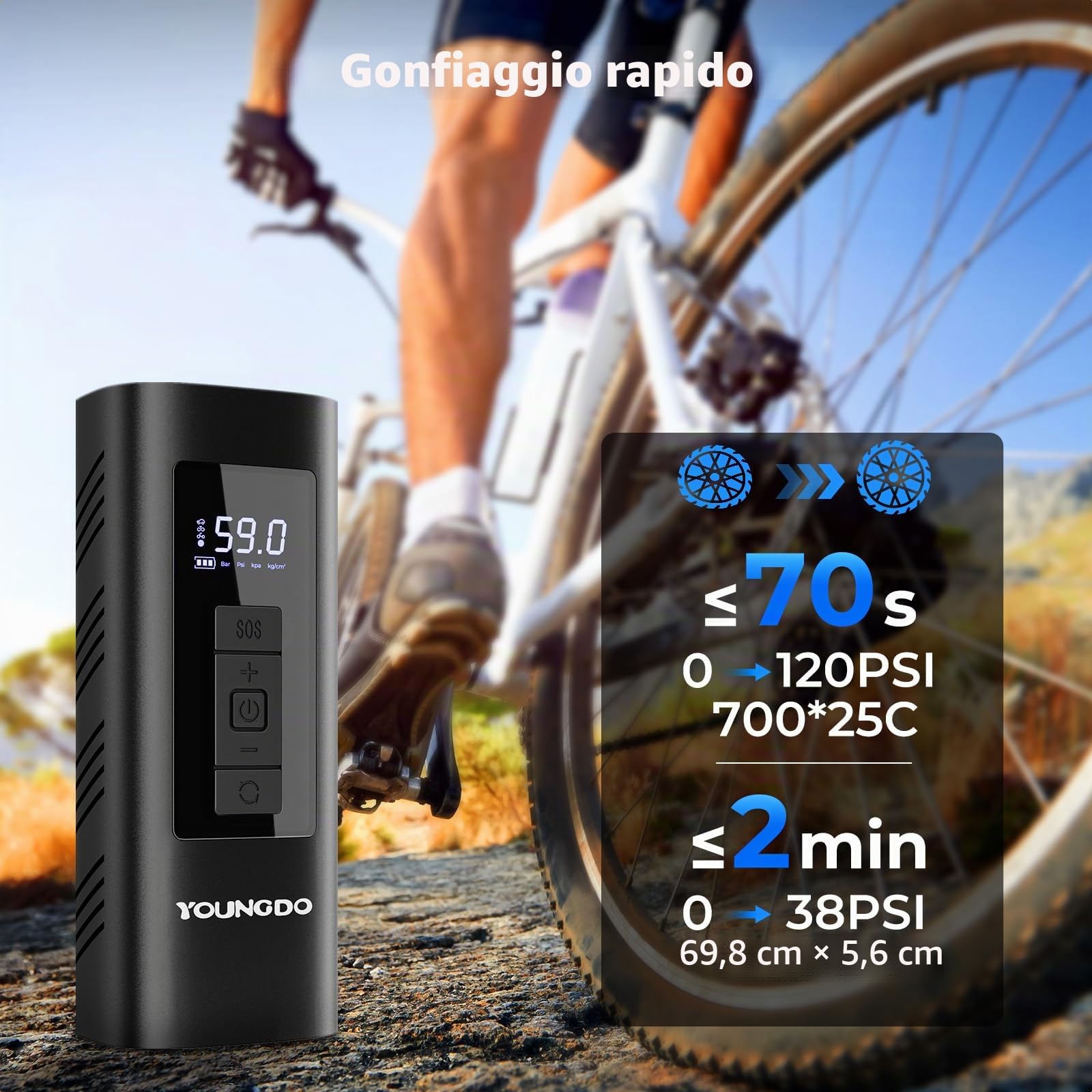 YOUNGDO Pompa per bicicletta, 150 PSI, pompa per bicicletta elettrica 6000 mAh, pompa ad aria elettrica, compressore, pompa per bicicletta, tutte le valvole per bicicletta, moto, palle