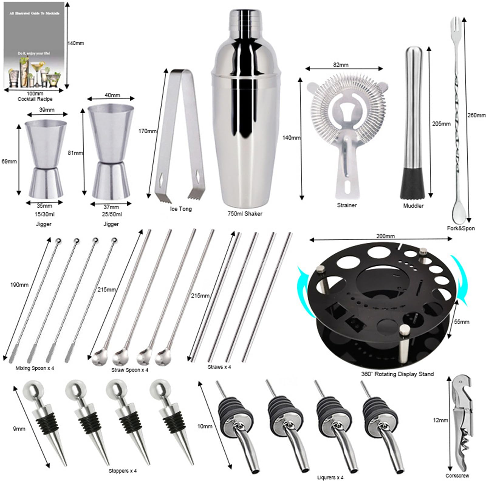 Zenithia 30 Pezzi Set Cocktail Shaker con Supporto Girevole 360°,Kit Barman Professionale da 750ml Mescolare Bevande,Regali per Uomini,Donne,Amanti dei Cocktail,Set da Barista per Feste da Bar a Casa