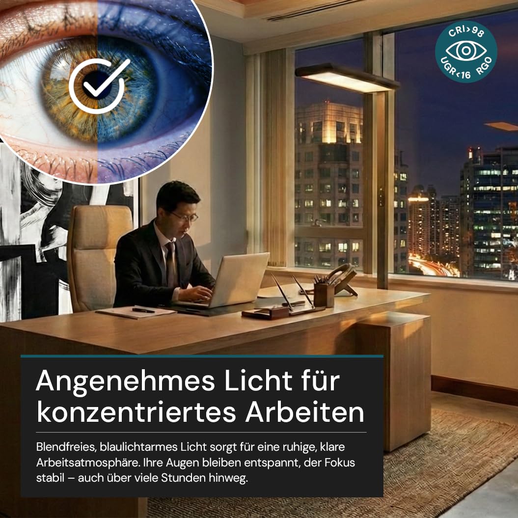LUXULA LED Büro-Stehleuchte dimmbar, 60 W 3500 lm, 4000K Neutralweiß, Up/Downlight, UGR<16, CRI98, Touchbedienung, blendfreies Licht, Monitor, Büro, Arbeitszimmer, Homeoffice, modernes Design, Schwarz