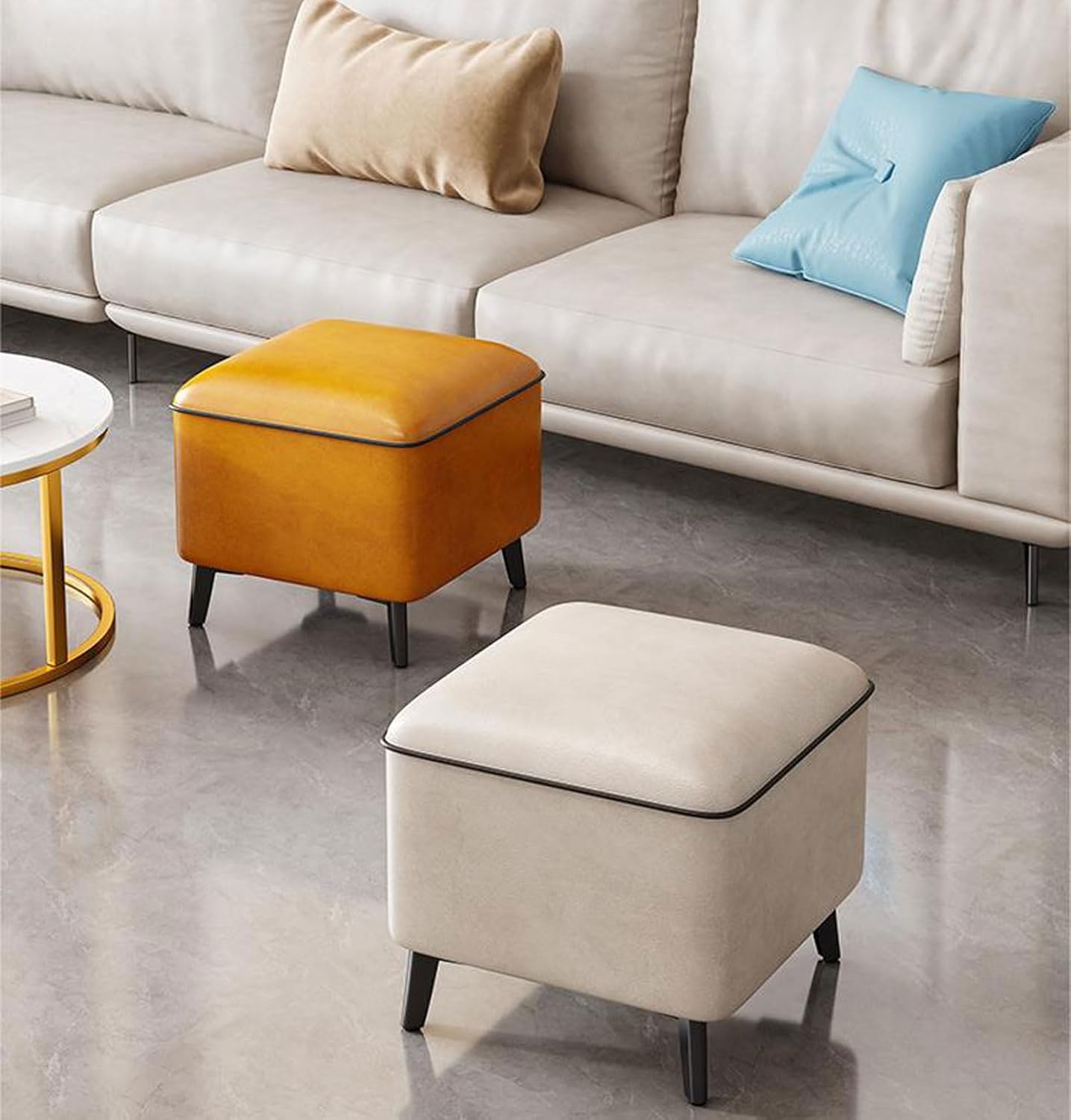 Stool Padded Stool with Thick Sponge and Metal Stool Legs, Comfortable Pouf Footstool for Bedroom Living Room Garden Balcony,Orange Rot-28 * 28 * 30CM