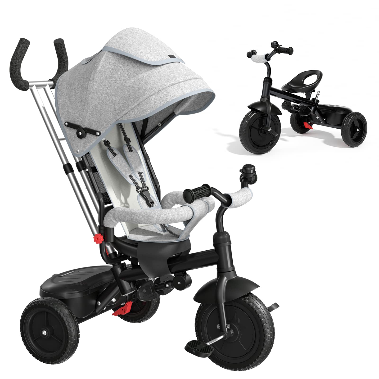 KORIMEFA 4-in-1 Stroller Tricycle Toddler Trike Kids Tricycle 1-6 Years Boy Girl Push Tricycle with Adjustable Push Handle Removable Canopy Safety Harness(Gray)