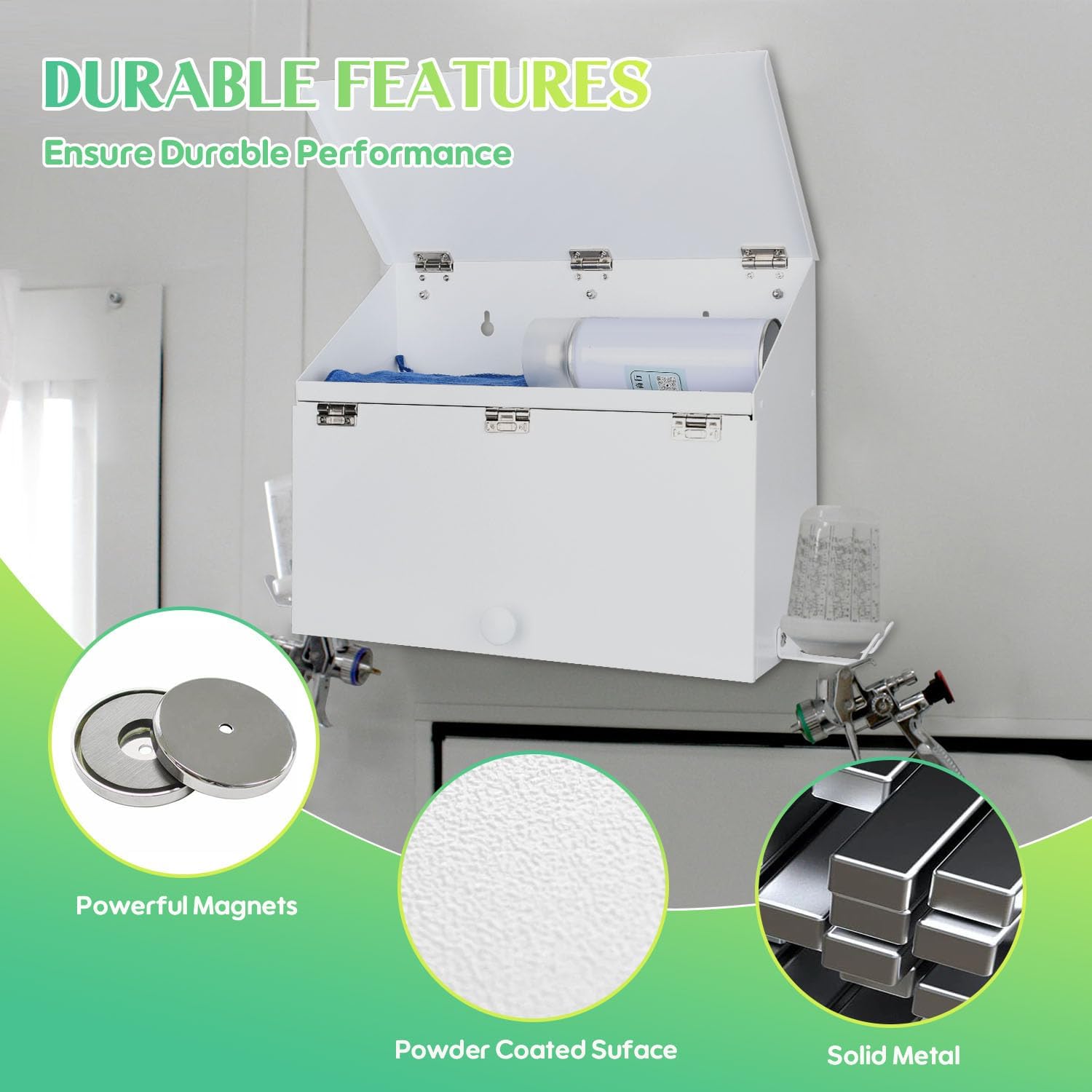 White Magnetic Spray Booth Box, Wall Mounted Spray Booth Box with Dual Compartment and Two Hangers for Spray Guns, Robust Spray Paint Storage Cabinet Designed to Fit Inside the Spray Booth