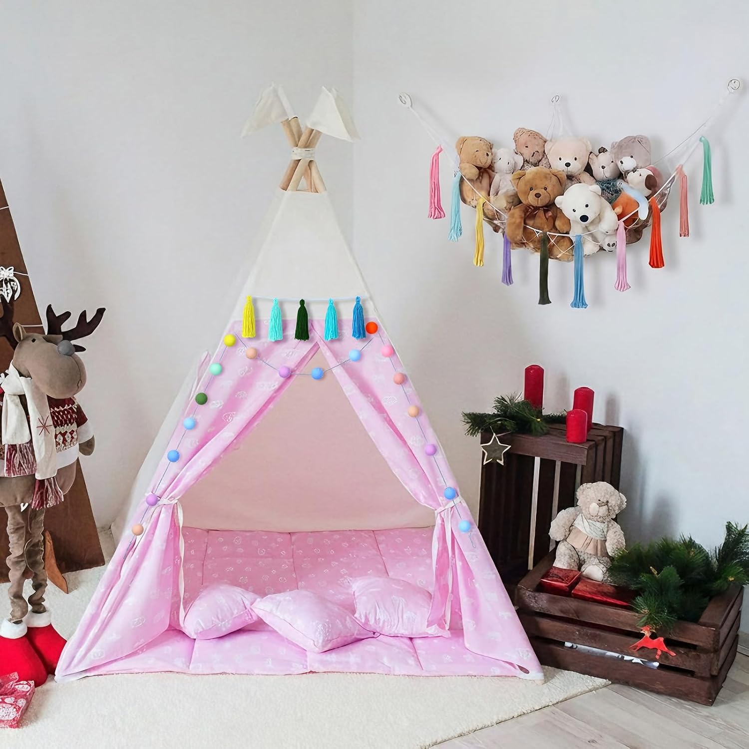 Irenare 1 Pcs Stuffed Animal Hammock Corner Storage Hanging Net With10 Tassel Garlands 2 Pcs Pastel Ball Garland Hammock Hanging for Boho Nursery Playroom Bedroom Room Decor