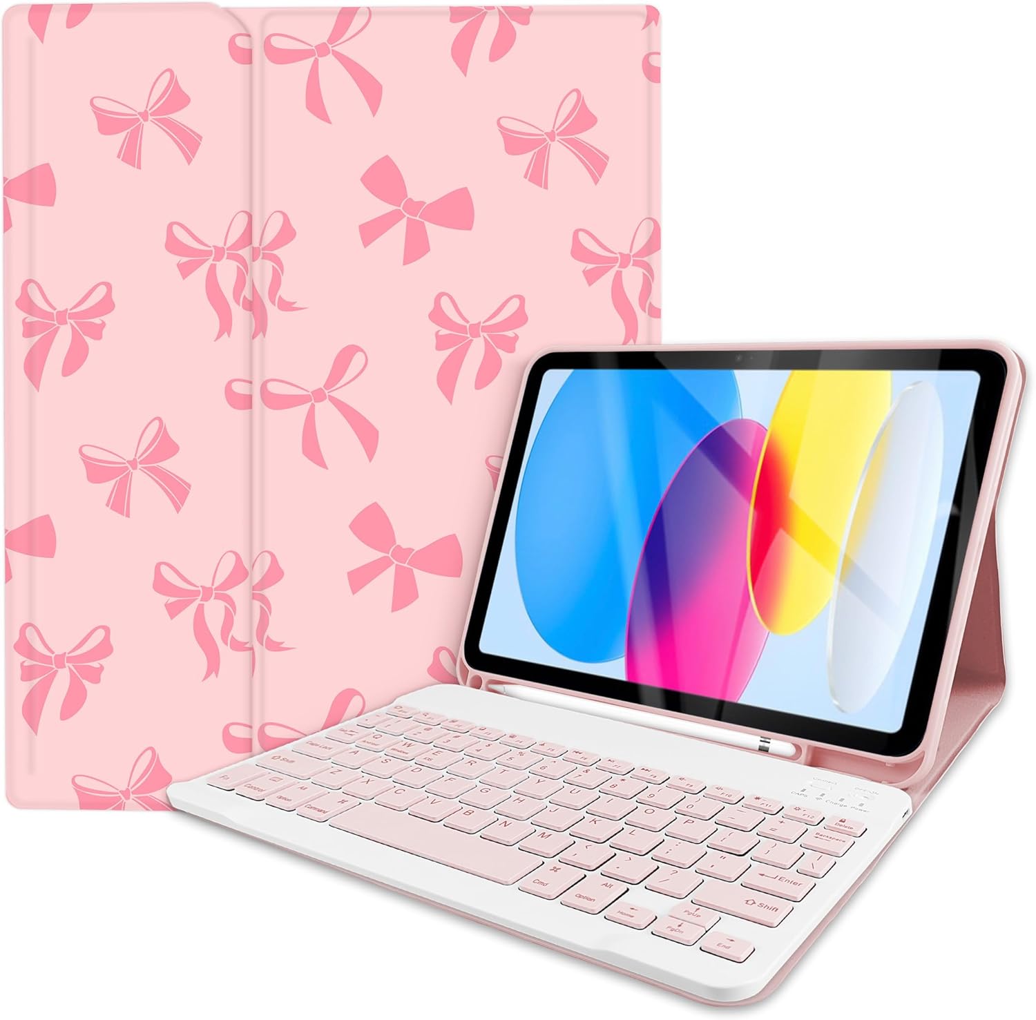 TopPerfekt Case Keyboard for iPad Gen 11th (A16) 11'' 2025 / 10th 10.9-inch 2022, Pink Bow Cute Chic Adorable with Pencil Holder for 10.9'' Case with Keyboard Rechargeable, Detachable, Pink Bow