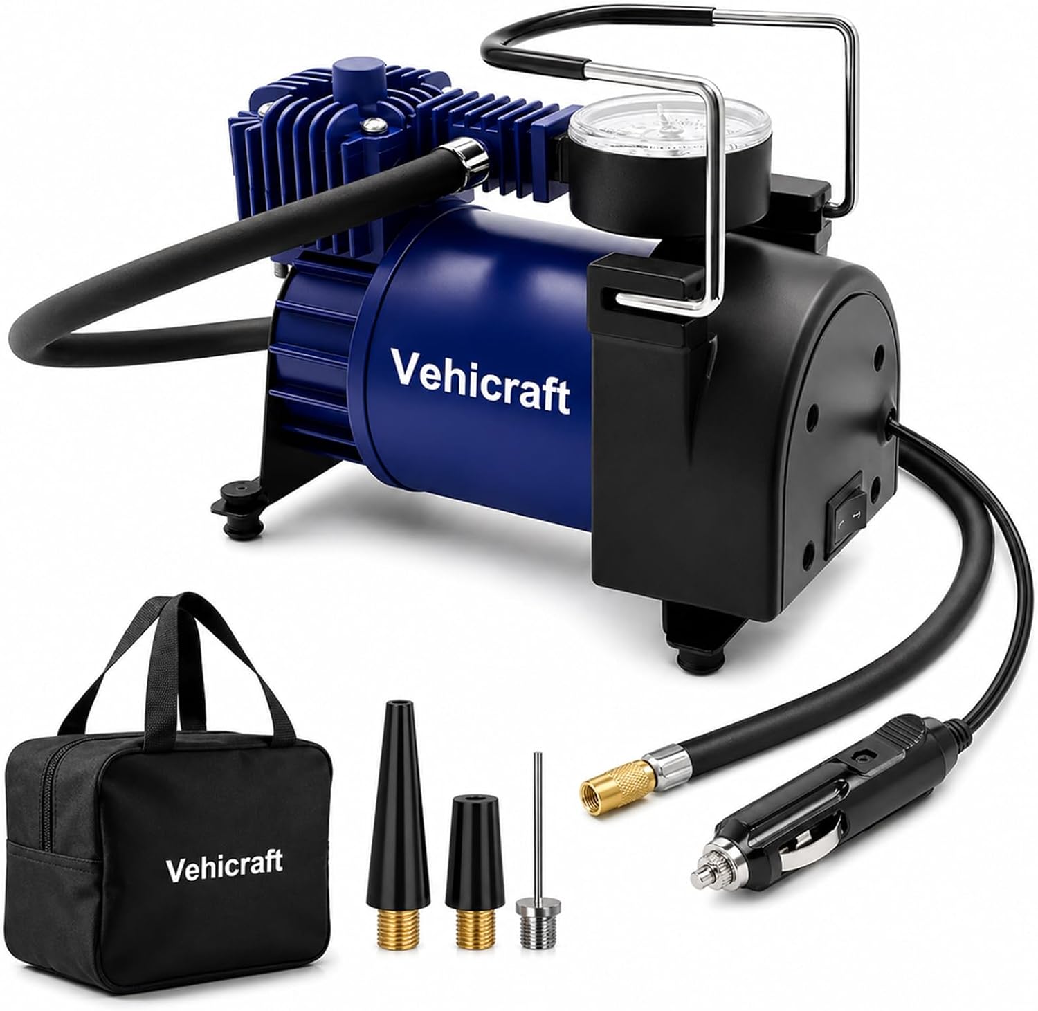 Tire Inflator Portable Air Compressor up to 150 PSI, 12V Portable Air Pump with Portable Bag, Metal Air Pump for Bicycle, Motorcycle, Car, SUV, Blue