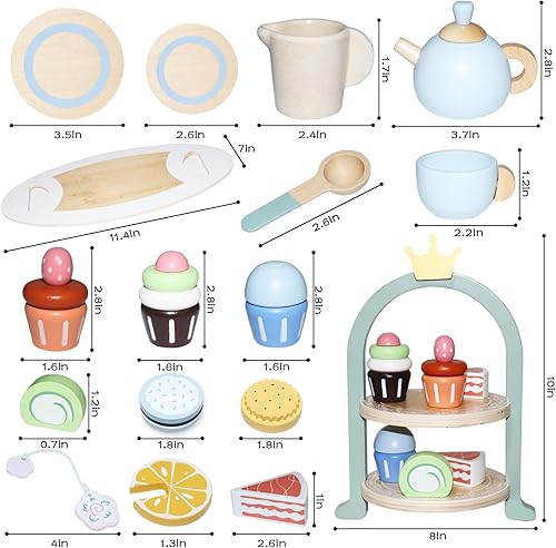 Miniatura 2 de Juego de fiesta de té de madera para niñas pequeñas, 28 piezas de juguetes de madera con soporte para cupcakes y accesorios de juego de simulación