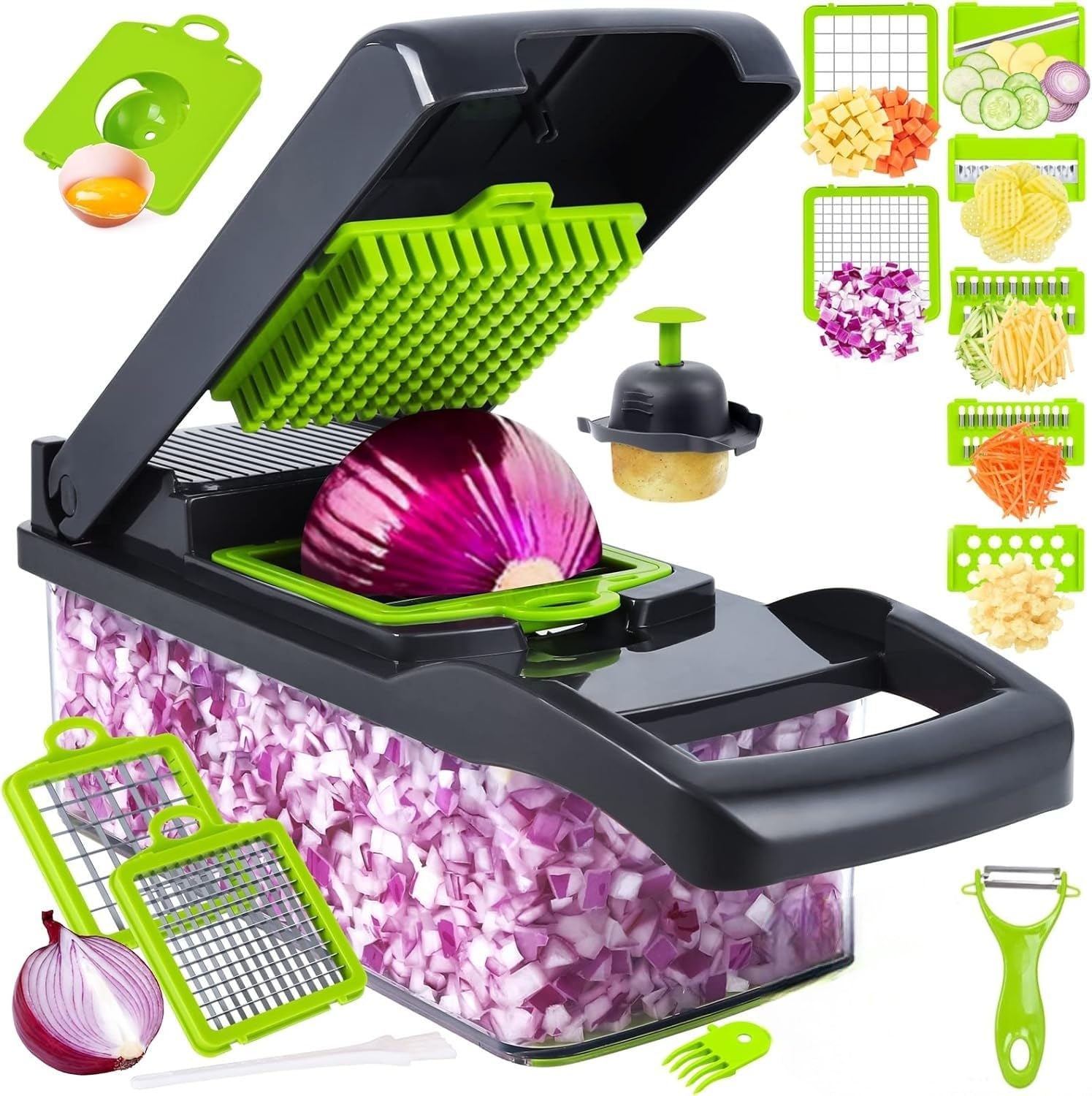 SKY-TOUCH Vegetable Chopper : Multifunctional All-in-One Food Slicer Dicer Cutter with Draining Basket Grater With Container Compact Kitchen Gadgets Sets for Cooking