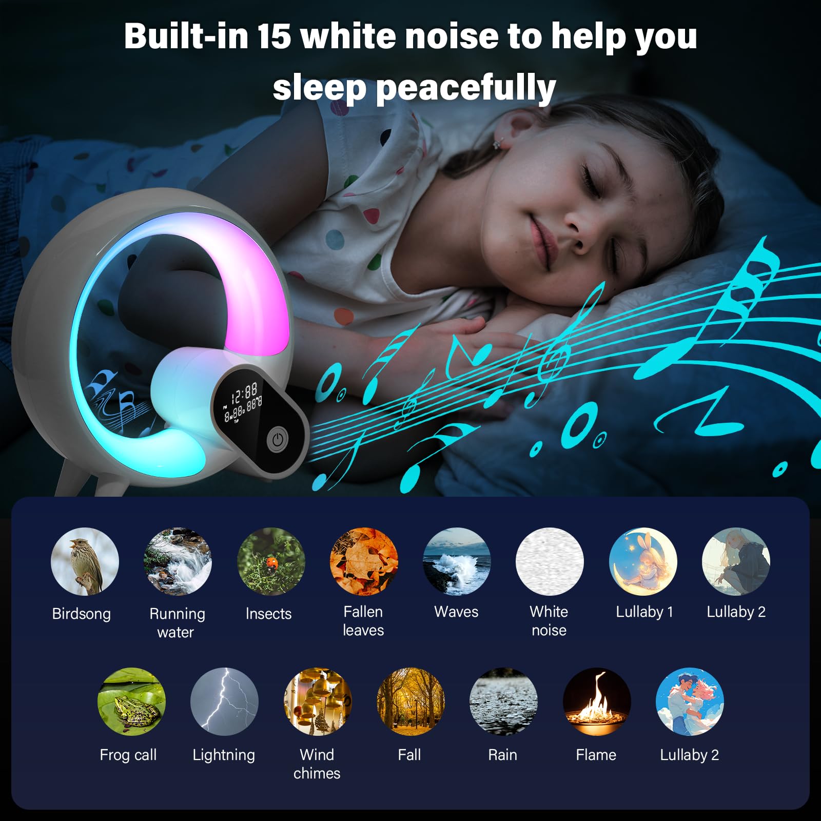 Sunrise Sveglia con luce sveglia – Smart Lights Sound Machine con controllo app, Bluetooth, ora, temperatura, visualizzazione della data, musica sonno atmosfera lampada