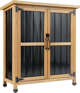 Wood & Metal Outdoor Storage Cabinet with Waterproof Roof, Garden Tool Shed with 4 T-Hinge, 4 Adjustable feet and Magnetic Door, 2 Removable Shelves, Easy Installation, 13.5" D x 34.5" W x 39" H