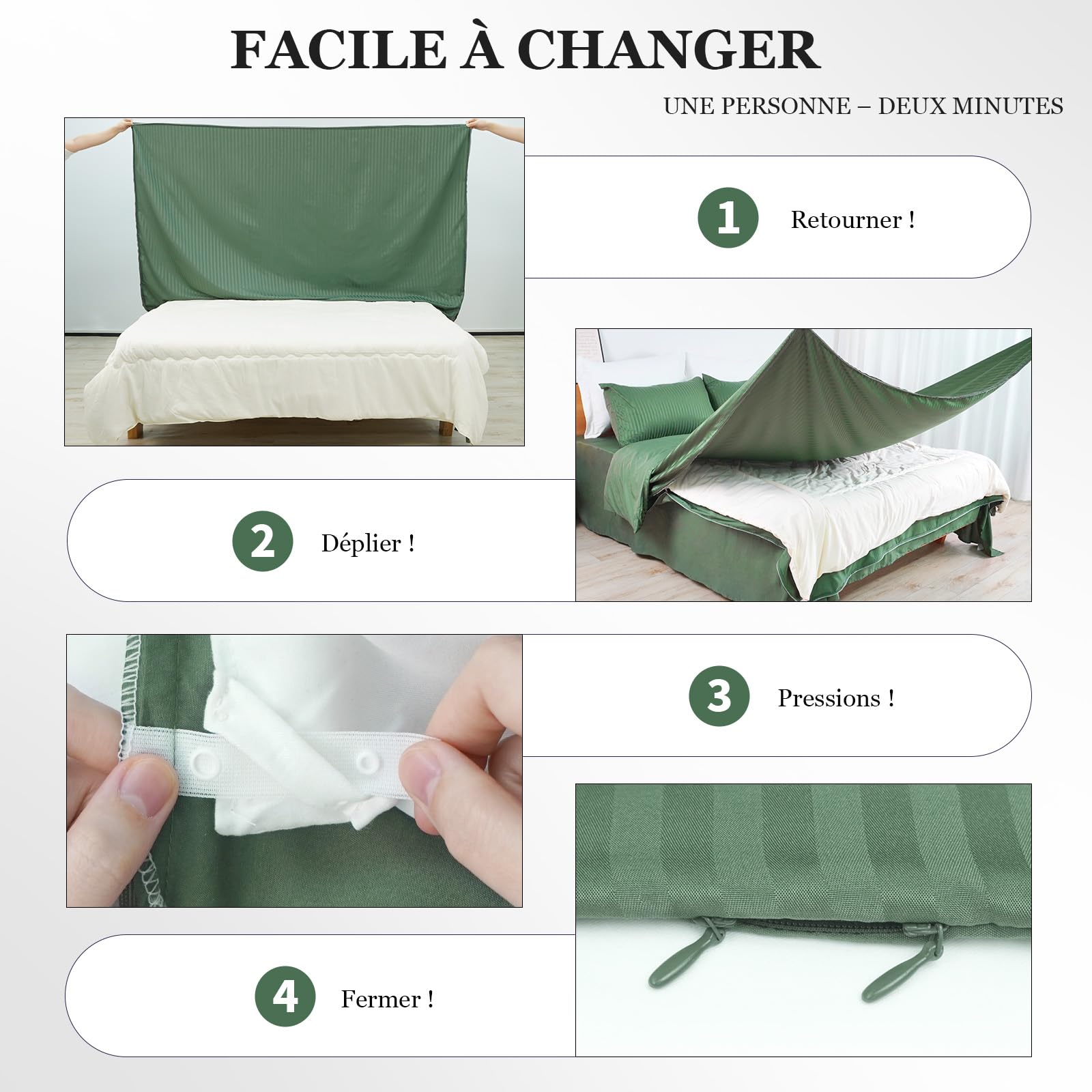 3 cremalleras laterales de 200 x 200 cm 3 piezas – 1 funda nórdica de 220 x 240 cm, 2 fundas de almohada de 80 x 80 cm Easy Bedding suave antiestático poliéster reversible – Verde militar