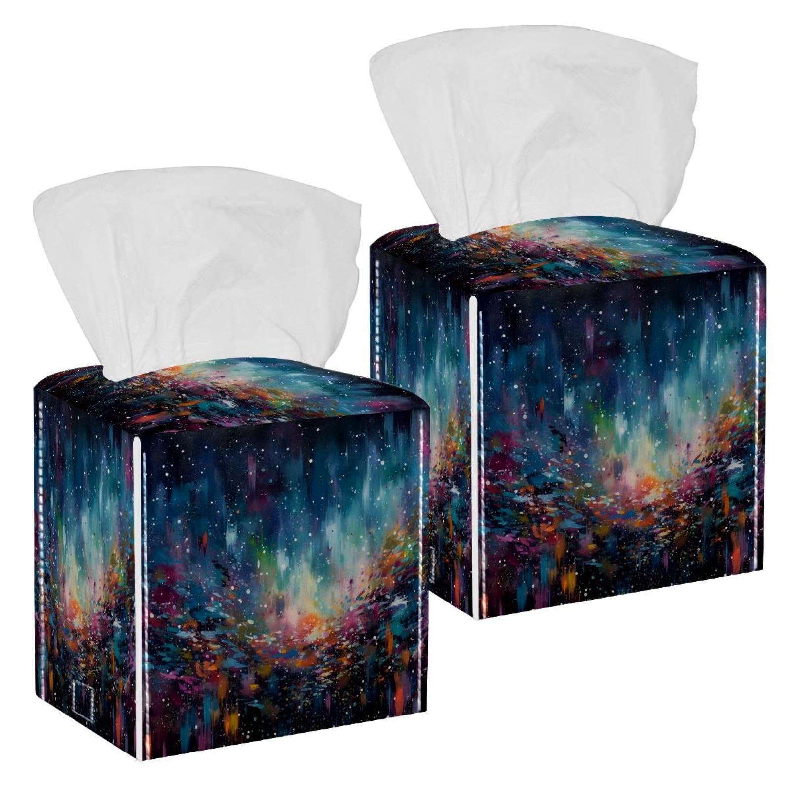Dreamy Starry Sky Nights Tissue Box Cover, 2 Pack PU Leather Square Facial Tissue Dispenser Box holder for Home Office Car